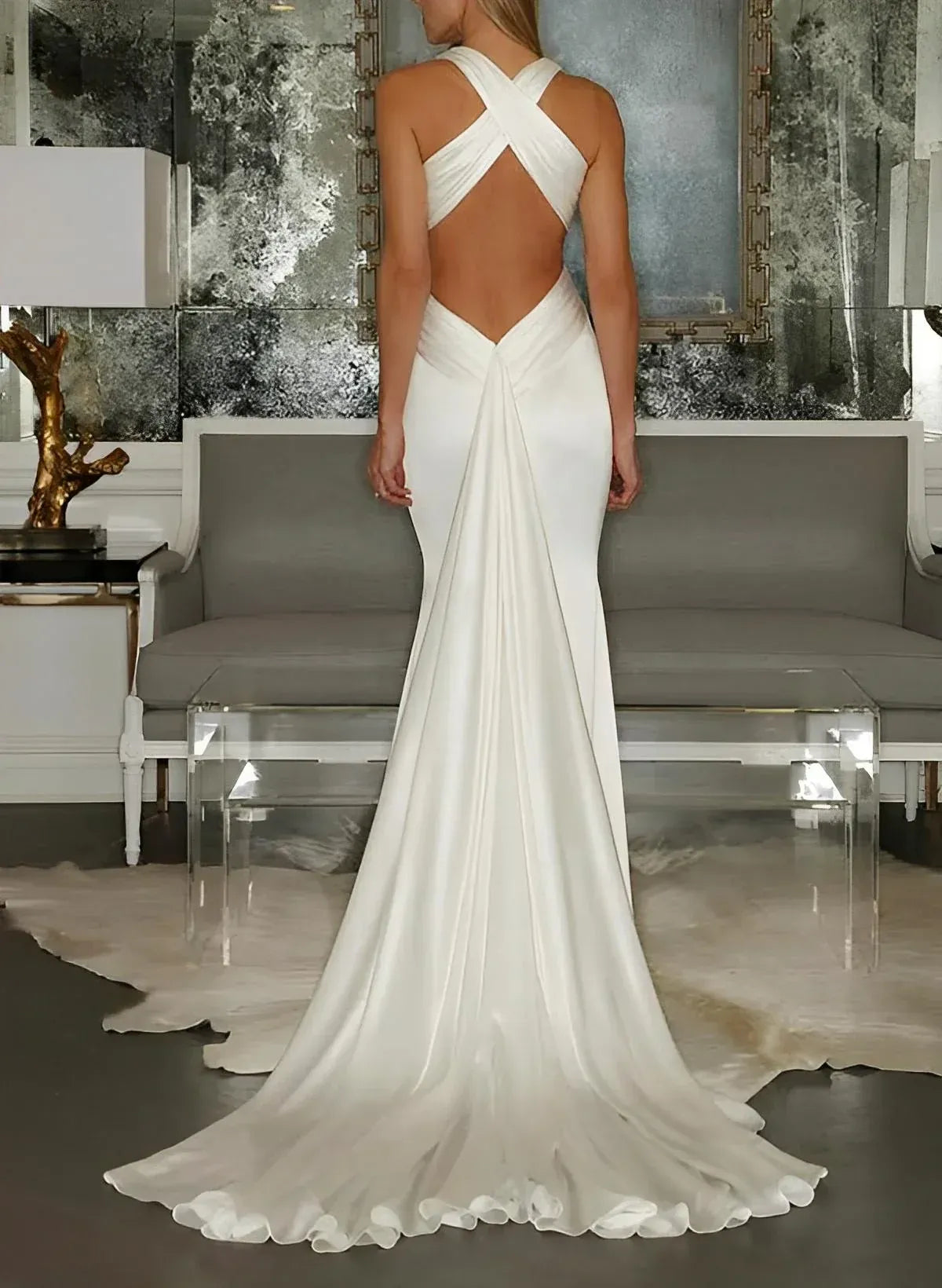 Halter Cross Back Deep V Wrap Bodice Gloss Satin Mermaid Wedding Dress With Train