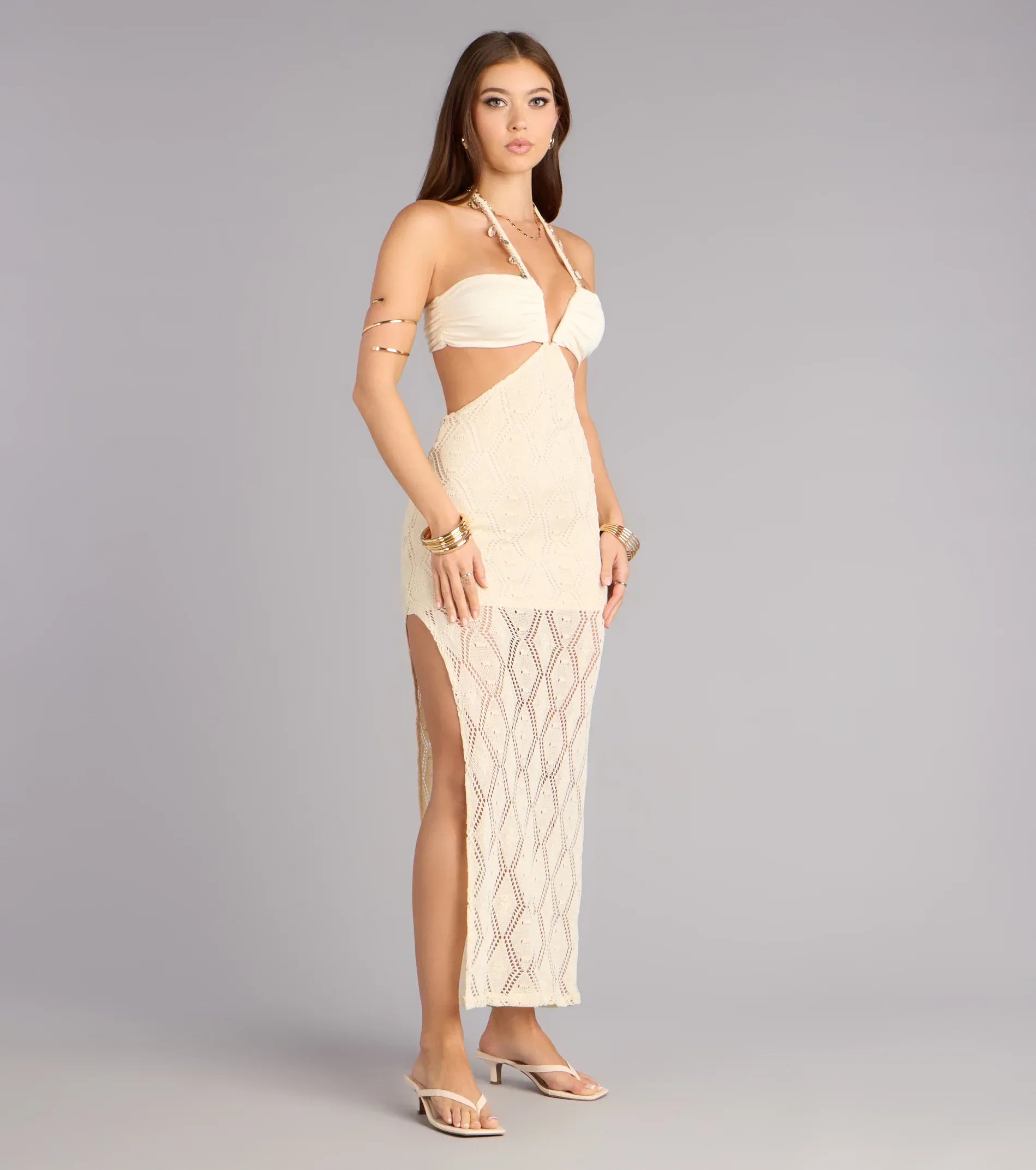 Halter Cutout Crochet Knit Side Slit Midi Wedding Guest Dress