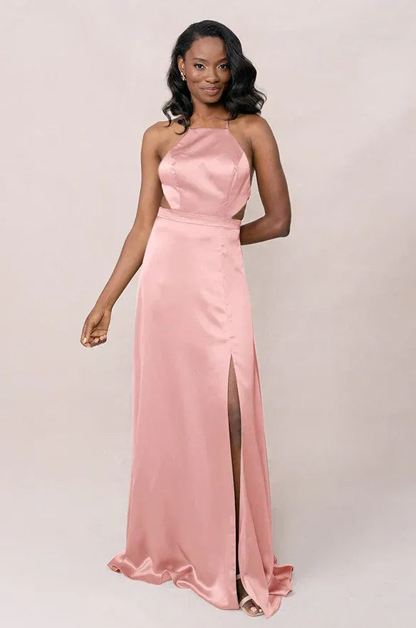Halter Cutout Waist Crisscross Tie Back High Slit A Line Satin Long Bridesmaid Dress