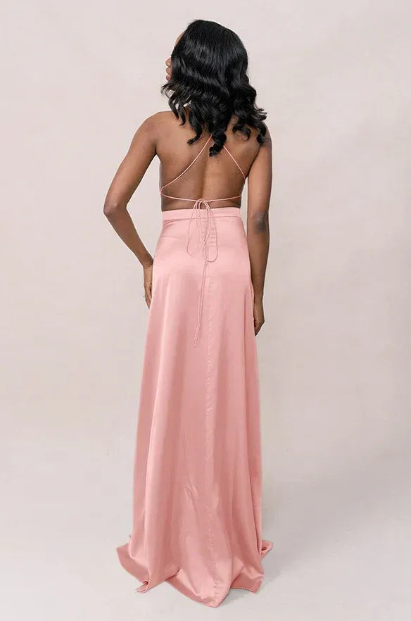 Halter Cutout Waist Crisscross Tie Back High Slit A Line Satin Long Bridesmaid Dress