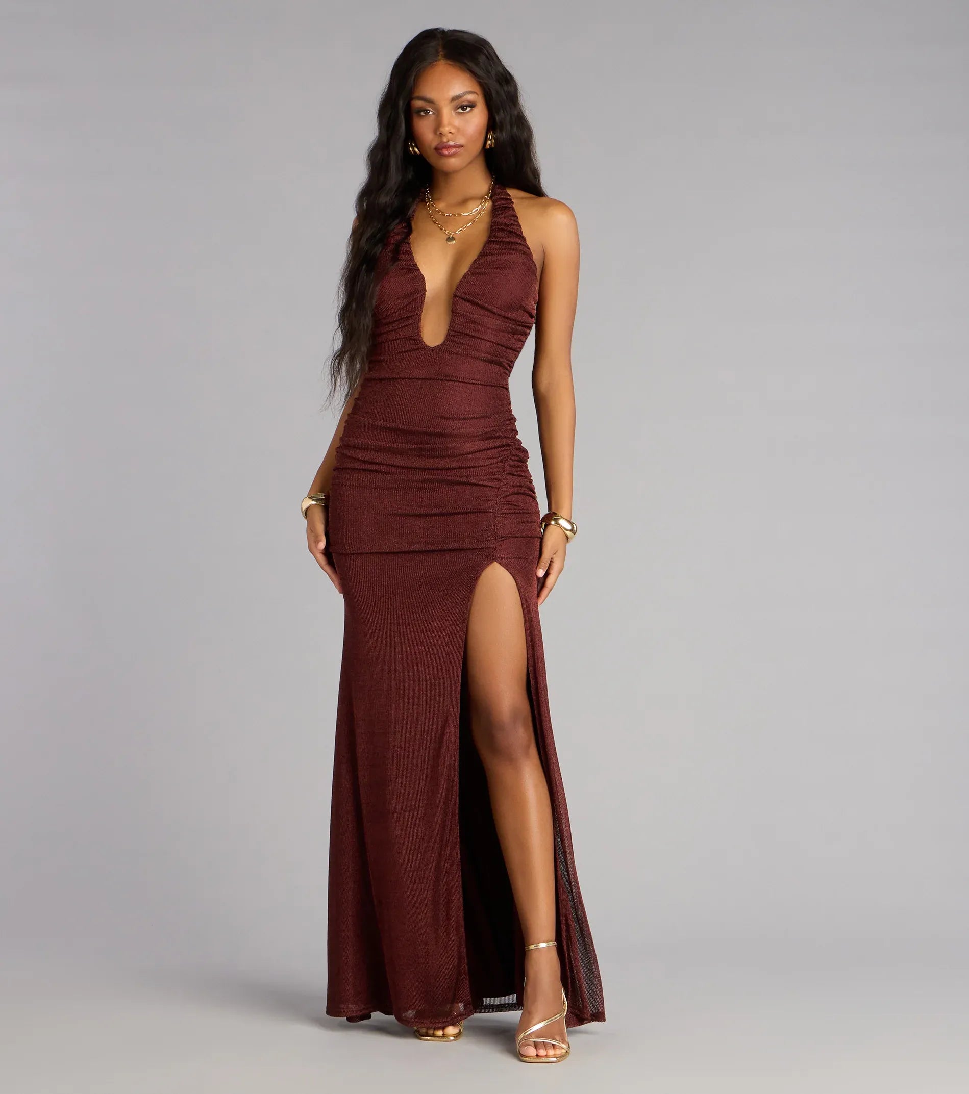 Halter Deep Keyhole Side Ruched High Slit Burgundy Shimmer Knit Mermaid Maxi Wedding Guest Dress