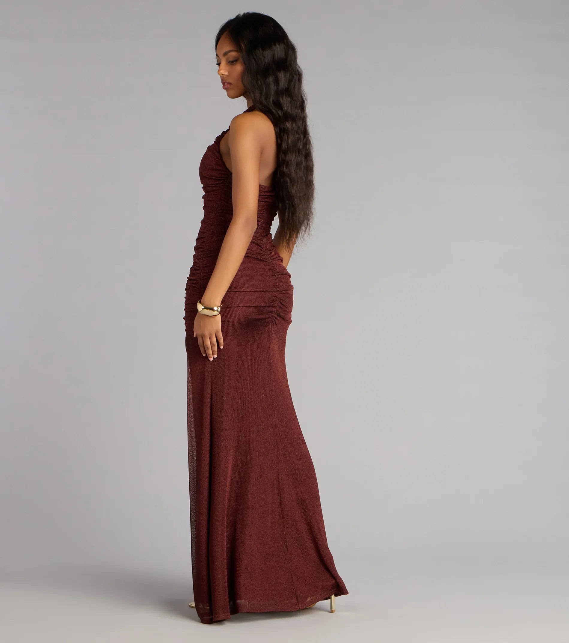 Halter Deep Keyhole Side Ruched High Slit Burgundy Shimmer Knit Mermaid Maxi Wedding Guest Dress