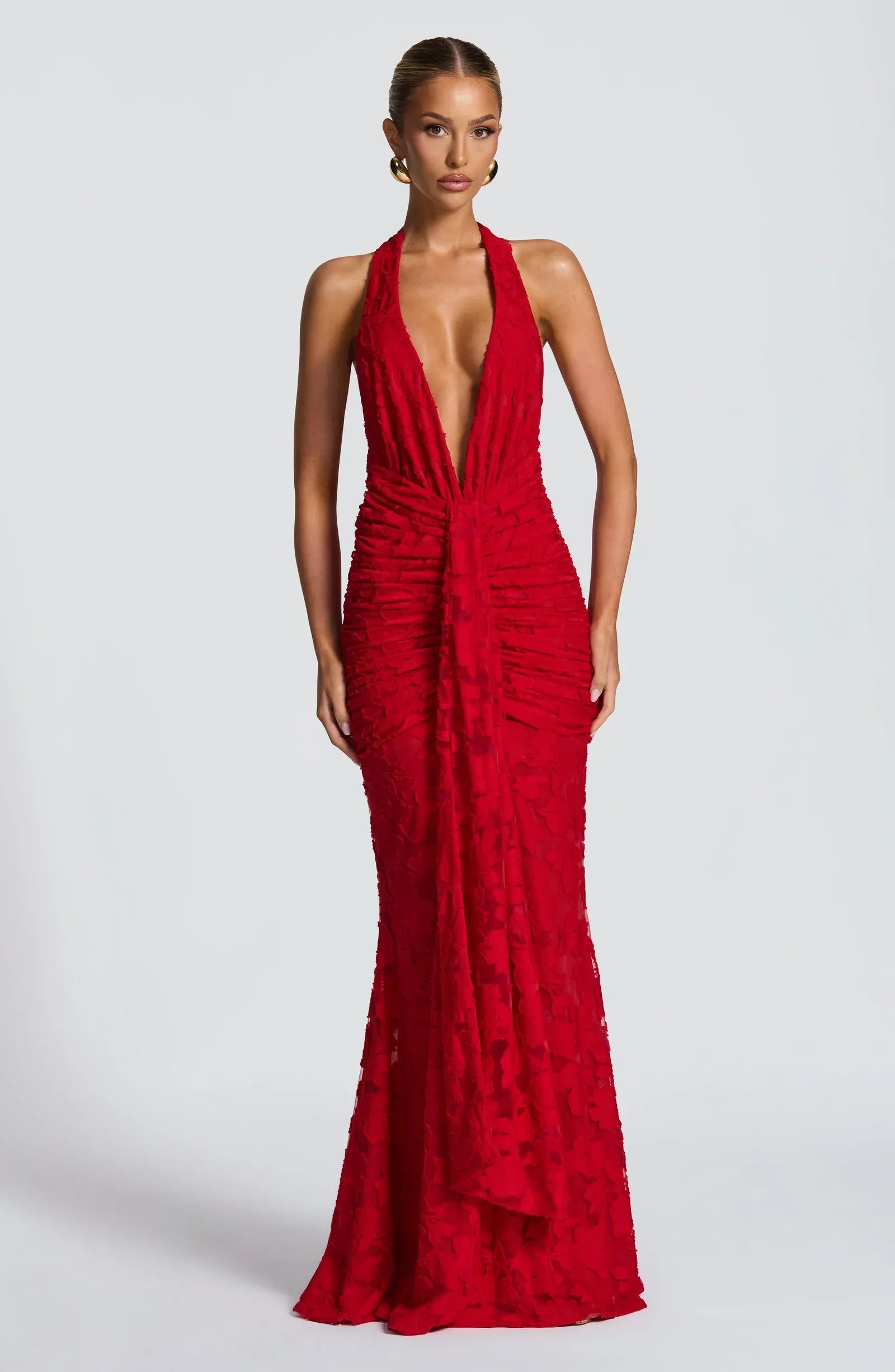 Halter Deep Plunge Backless Ruched Floral Mesh Red Mermaid Maxi Wedding Guest Dresses