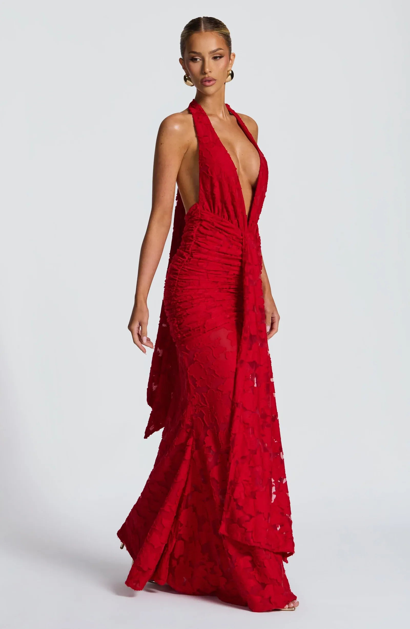 Halter Deep Plunge Backless Ruched Floral Mesh Red Mermaid Maxi Wedding Guest Dresses