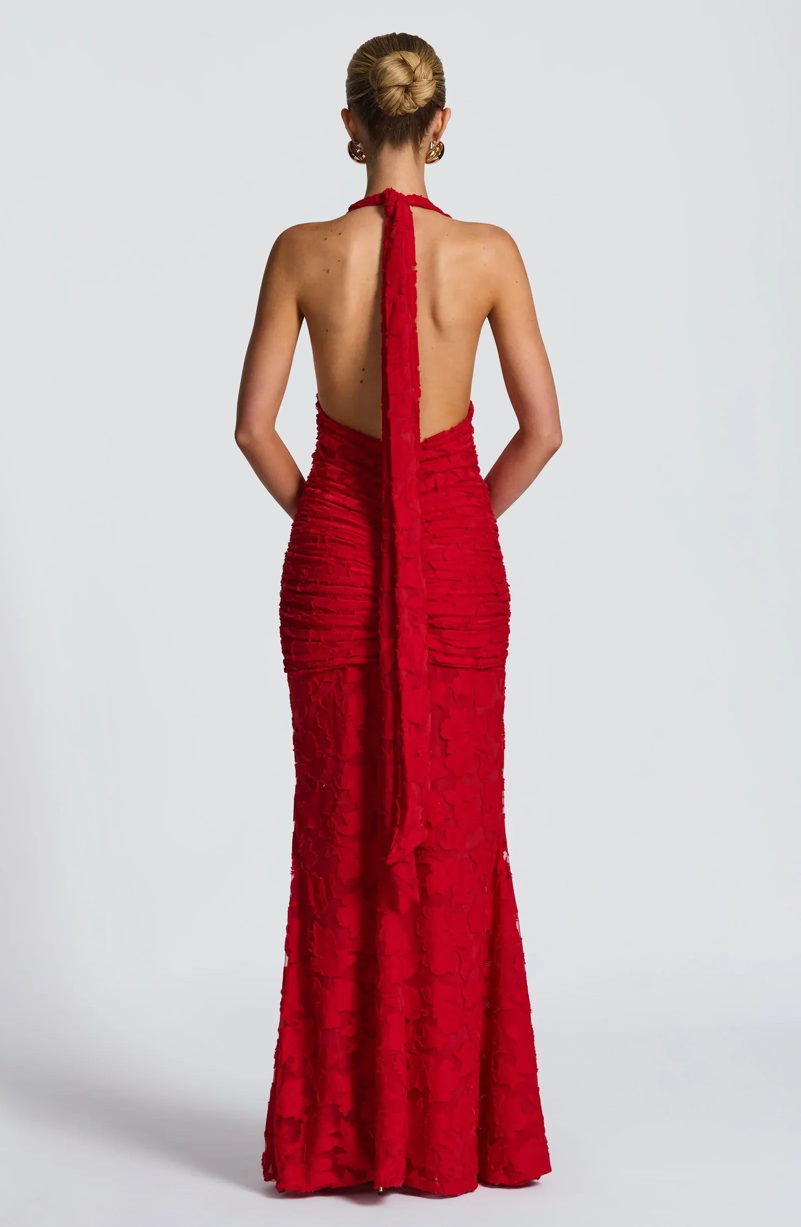 Halter Deep Plunge Backless Ruched Floral Mesh Red Mermaid Maxi Wedding Guest Dresses