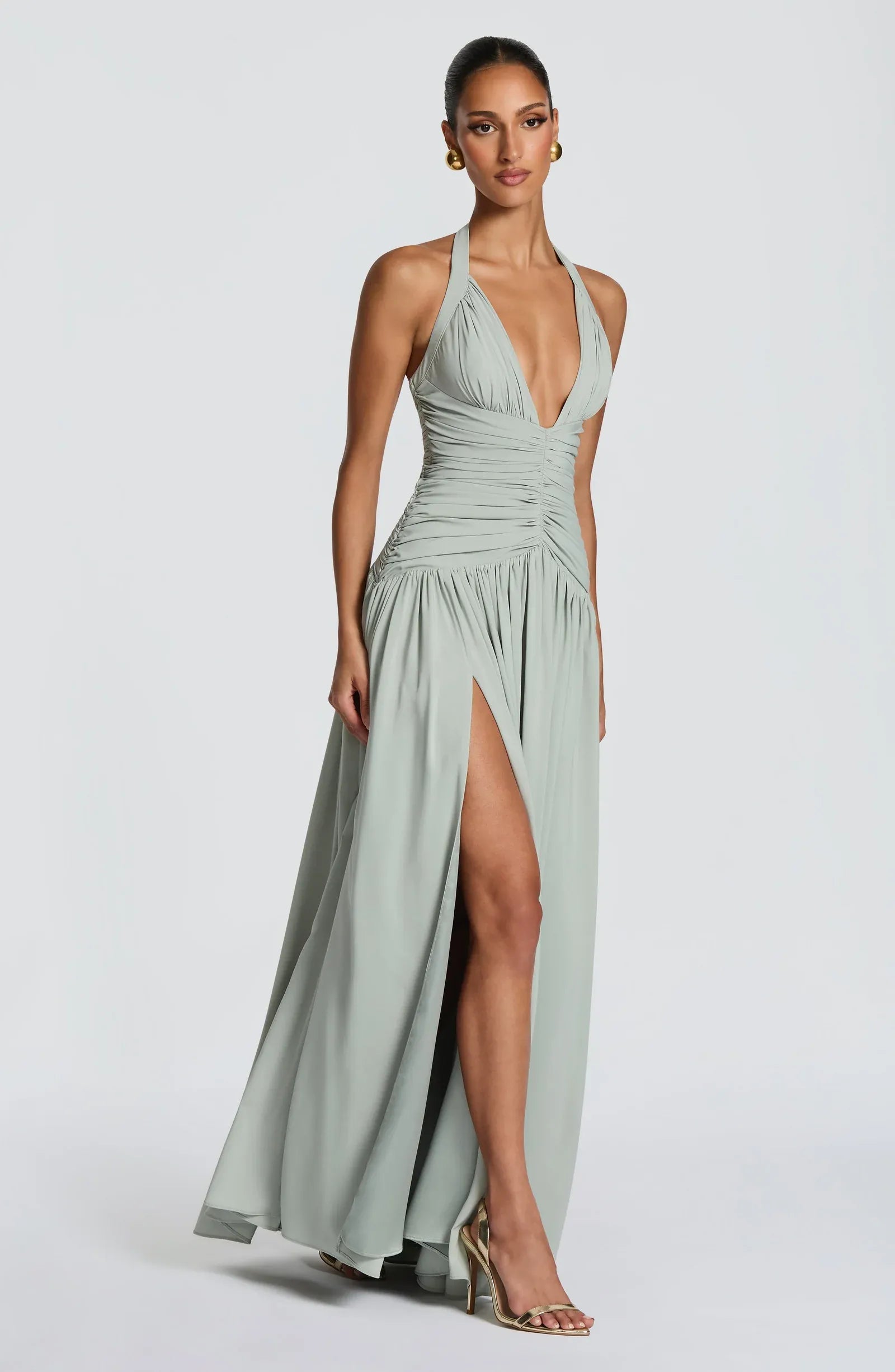Halter Deep Plunge Ruched Waist High Slit Sage Jersey A Line Maxi Bridesmaid Dresses