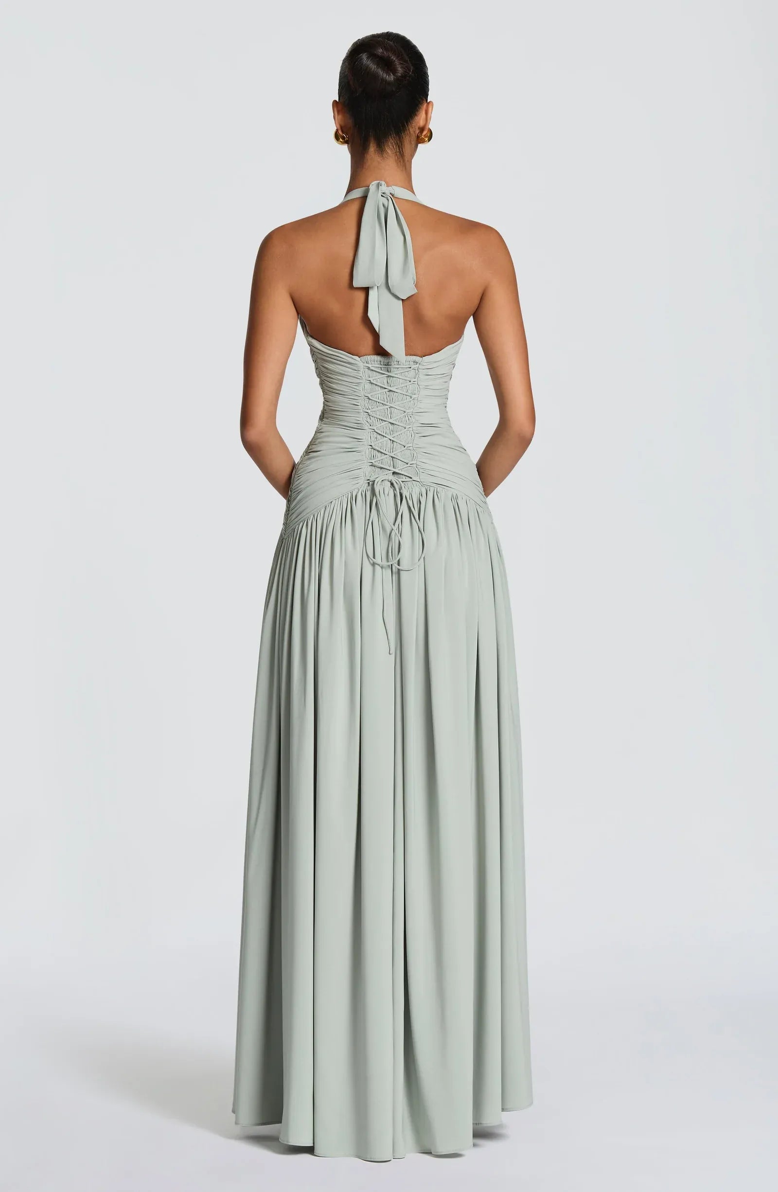 Halter Deep Plunge Ruched Waist High Slit Sage Jersey A Line Maxi Bridesmaid Dresses