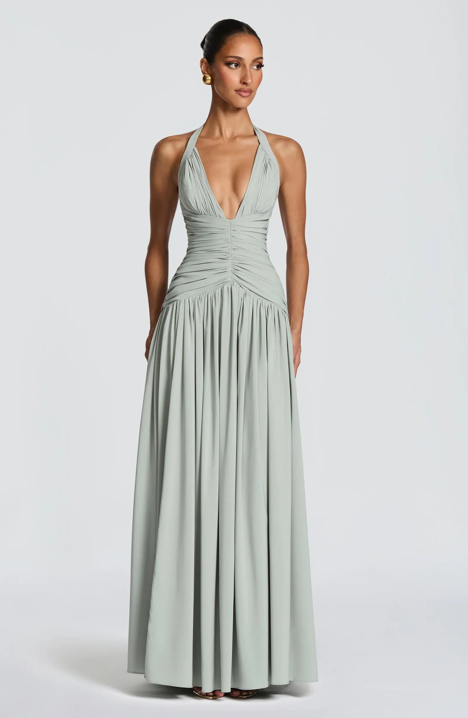 Halter Deep Plunge Ruched Waist High Slit Sage Jersey A Line Maxi Bridesmaid Dresses