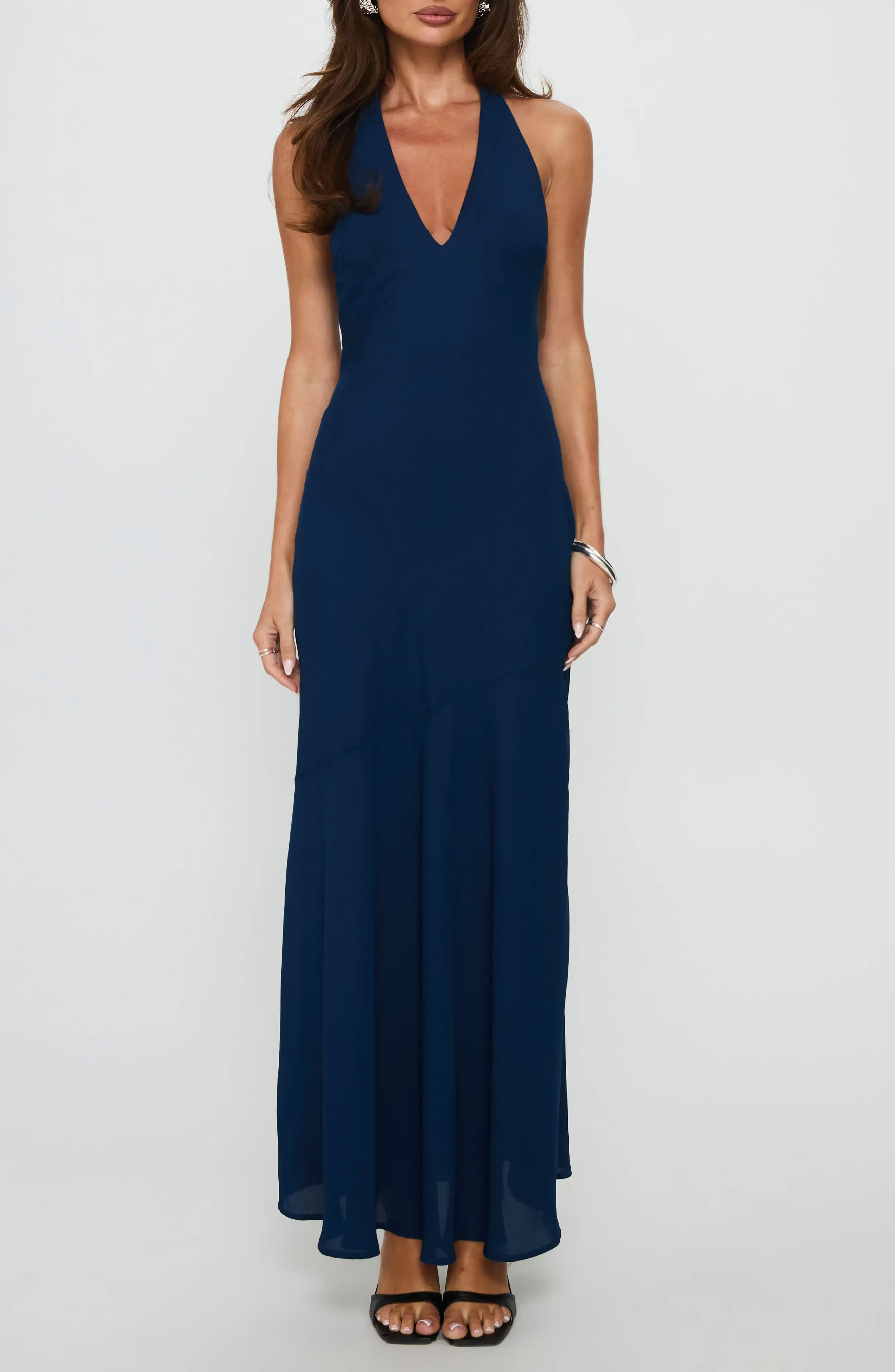 Halter Deep V Back Tie Plain Slit Navy Chiffon Mermaid Maxi Wedding Guest Dresses