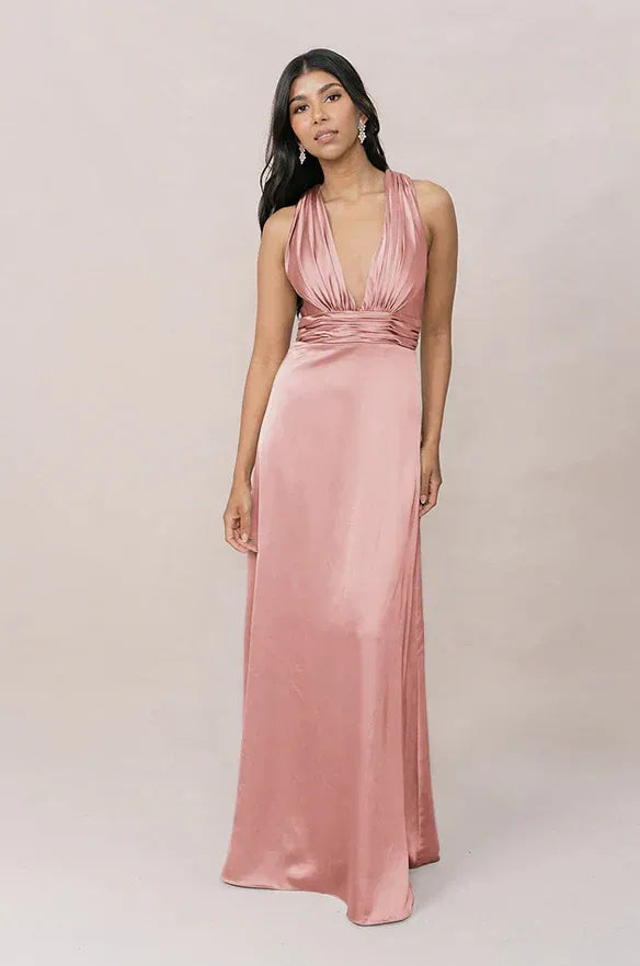 Halter Deep V Cross Back Ruched Waist Column Satin Long Bridesmaid Dress