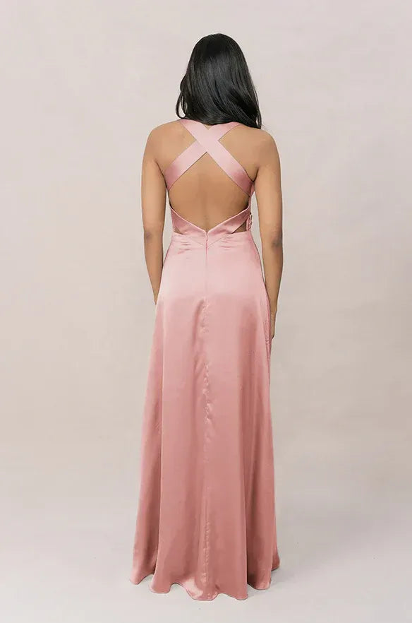 Halter Deep V Cross Back Ruched Waist Column Satin Long Bridesmaid Dress
