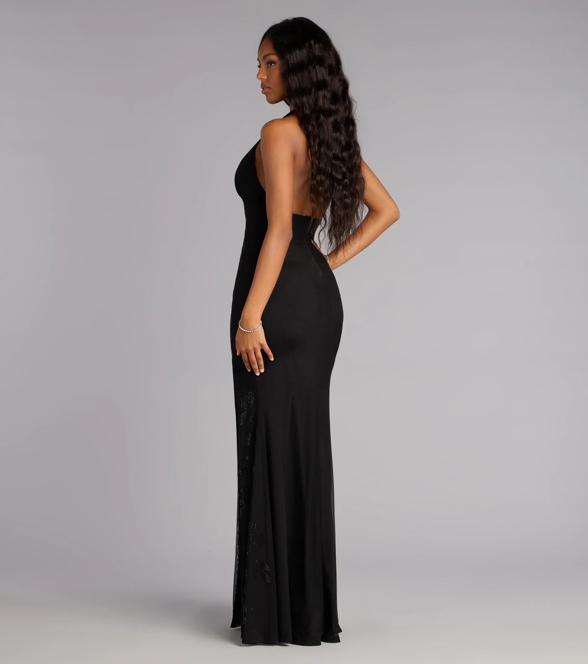 Halter Deep V Floral Rhinestone Mesh High Slit Mermaid Maxi Wedding Guest Dress
