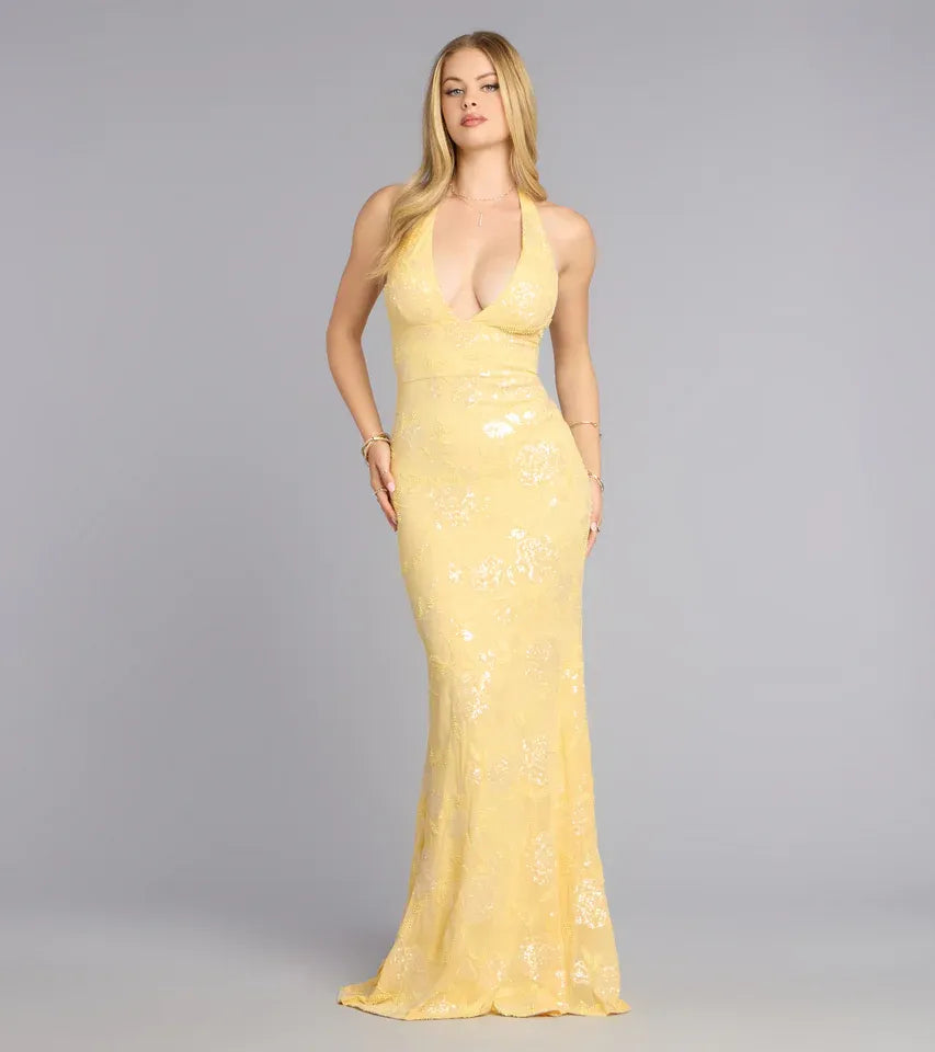 Halter Deep V Floral Sequin Mesh Mermaid Maxi Prom Dress