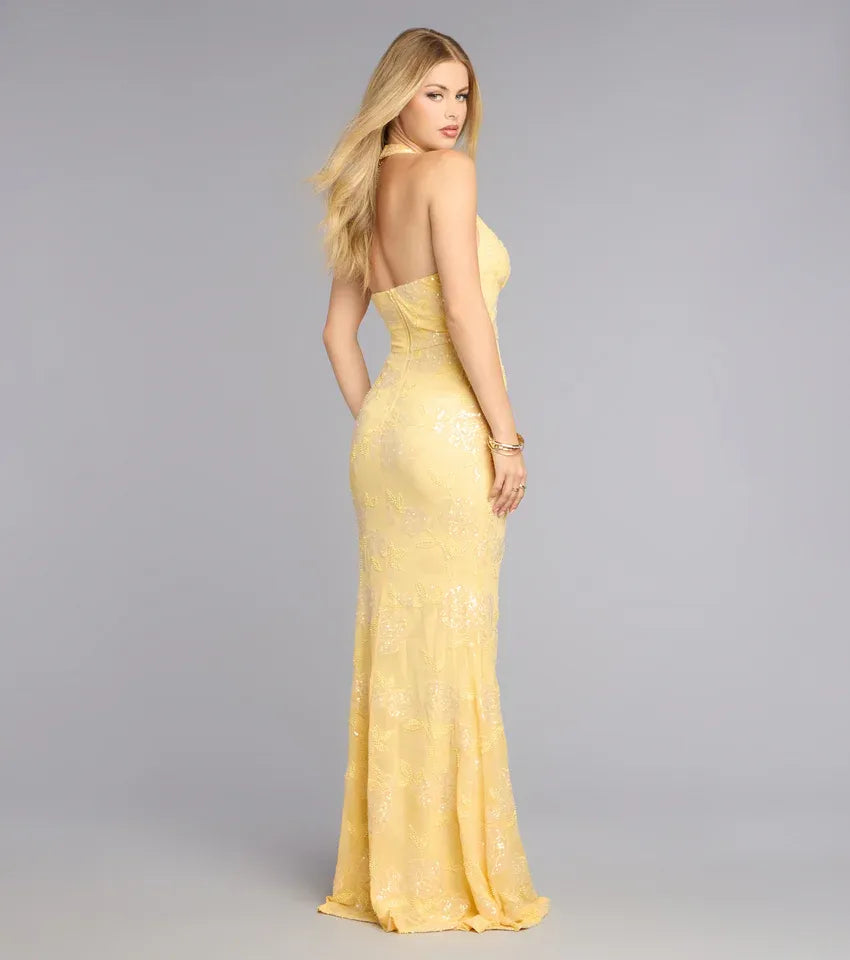 Halter Deep V Floral Sequin Mesh Mermaid Maxi Prom Dress