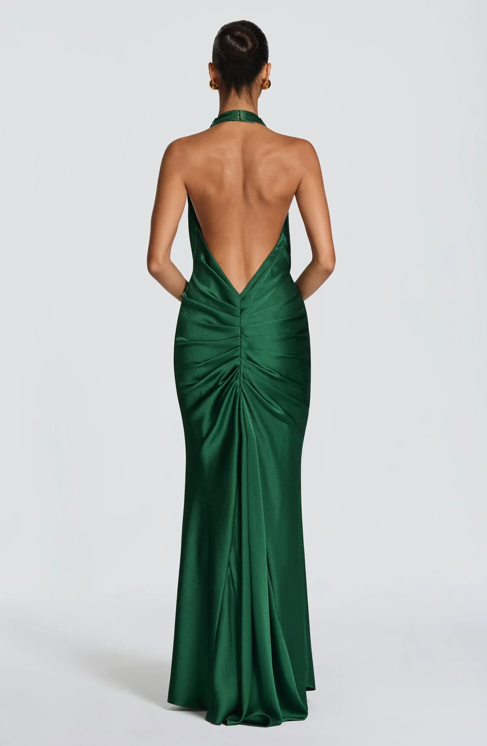 Halter Deep V Front Knot Ruched Back Open Emerald Satin Mermaid Maxi Wedding Guest Dresses