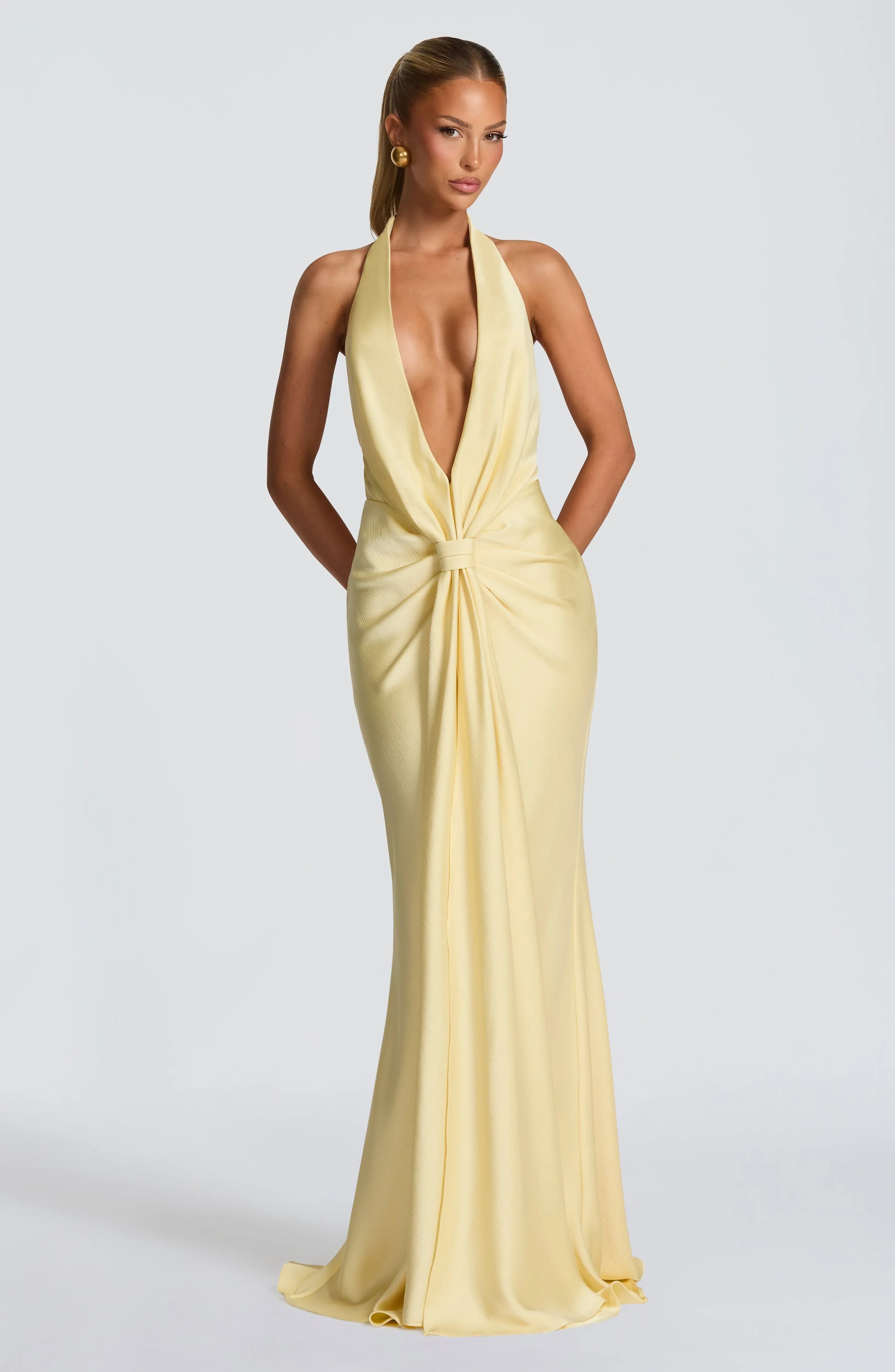 Halter Deep V Front Knot Ruched Satin Mermaid Maxi Wedding Guest Dresses