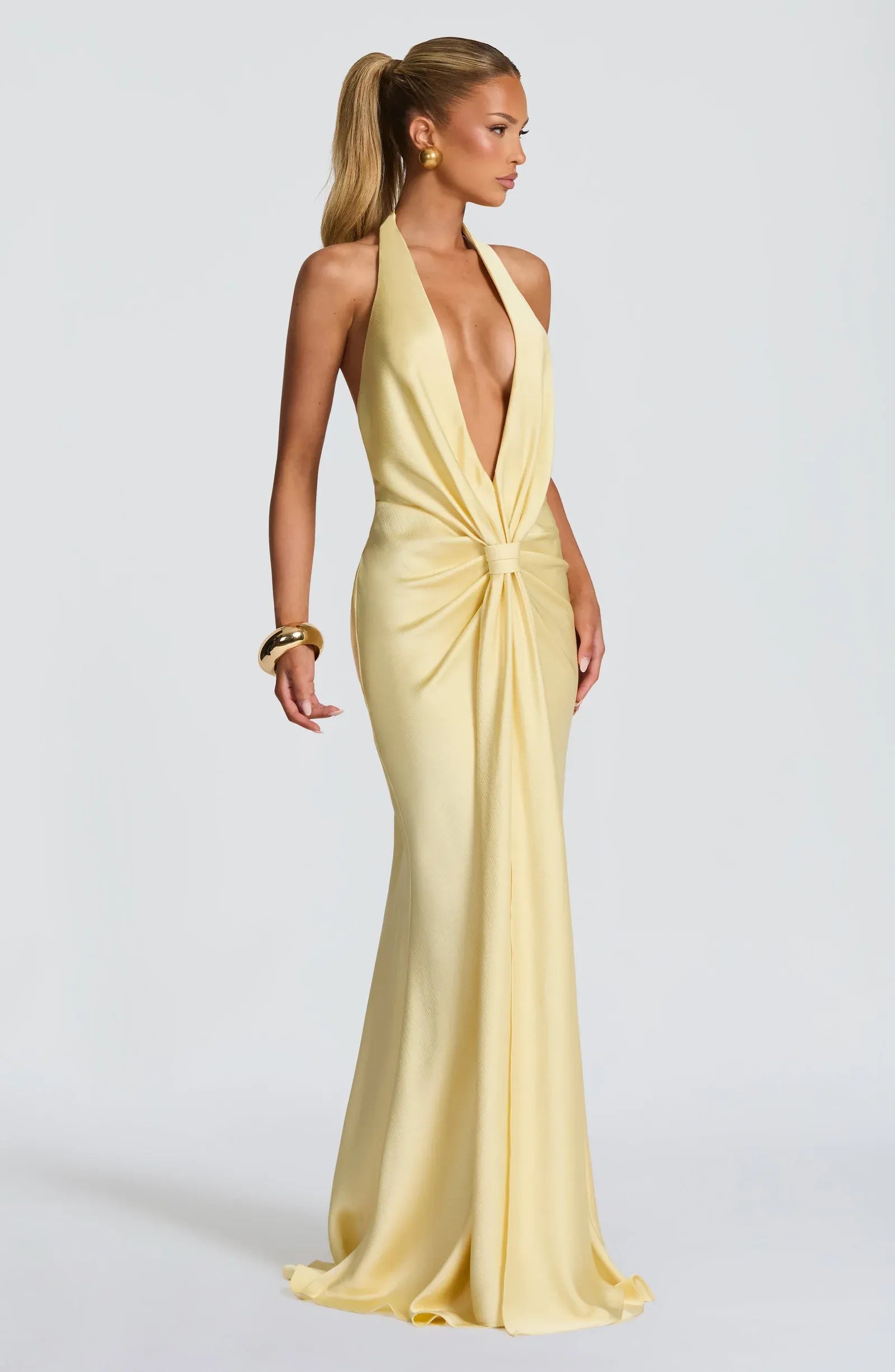 Halter Deep V Front Knot Ruched Satin Mermaid Maxi Wedding Guest Dresses