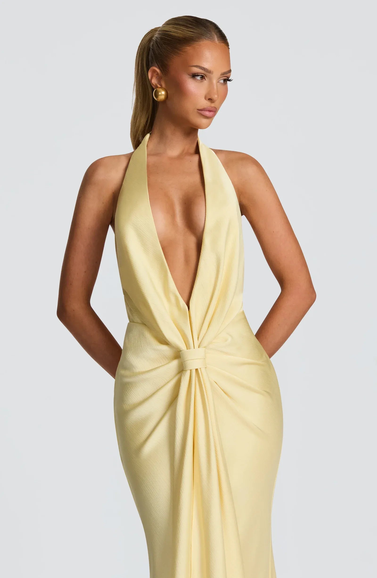 Halter Deep V Front Knot Ruched Satin Mermaid Maxi Wedding Guest Dresses