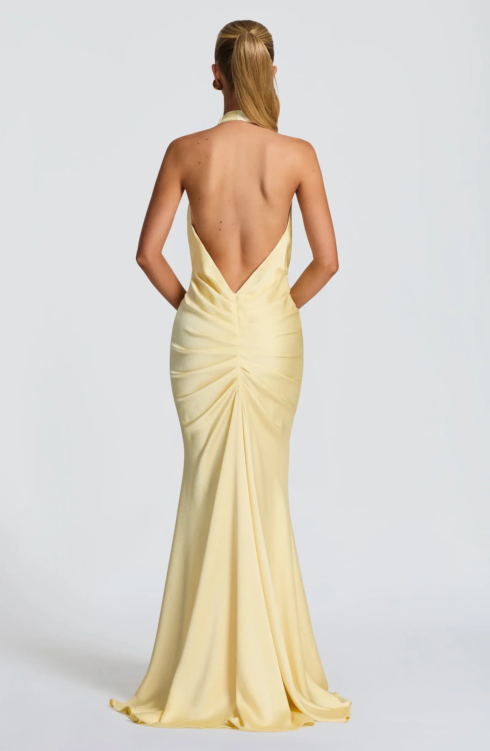 Halter Deep V Front Knot Ruched Satin Mermaid Maxi Wedding Guest Dresses