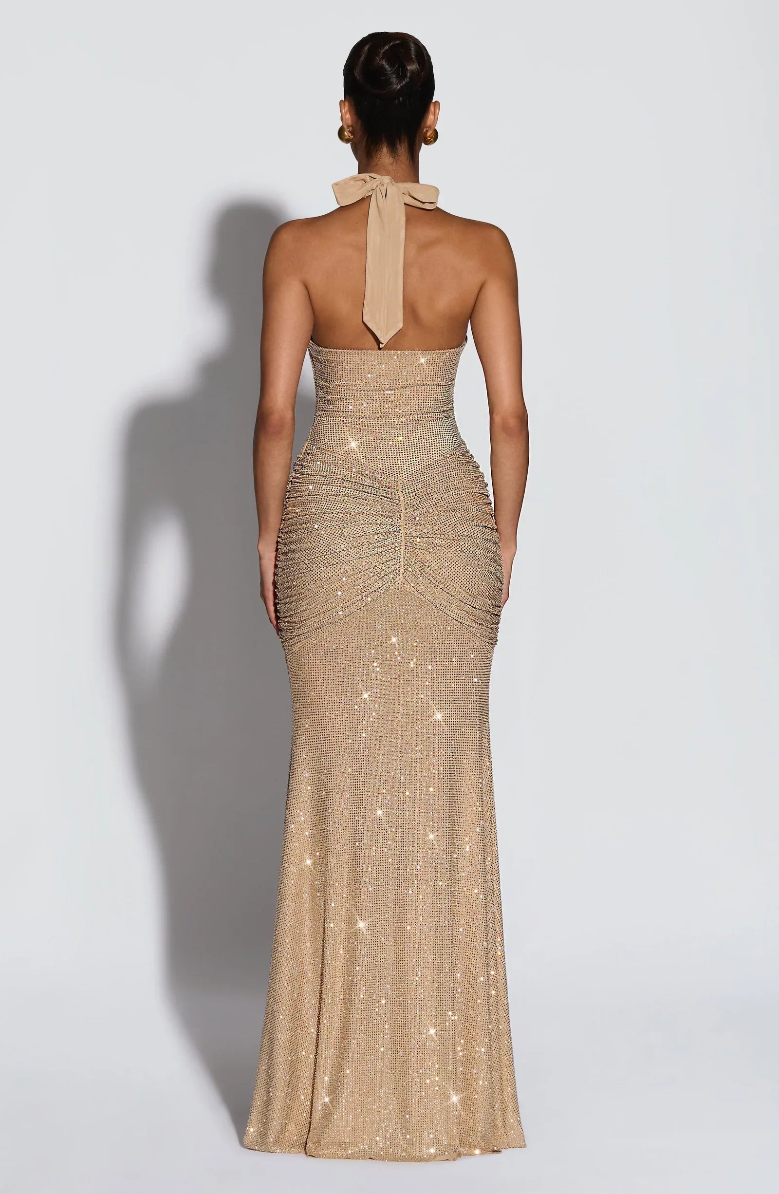 Halter Deep V Front Tie Ruched Rhinestone Mesh Champagne Mermaid Maxi Wedding Guest Dresses