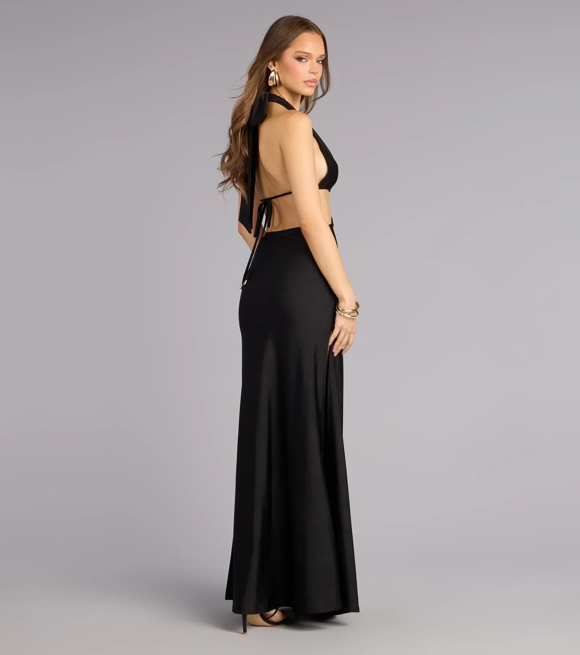 Halter Deep V Midriff Cutout Tie Back High Slit Satin Mermaid Maxi Wedding Guest Dress