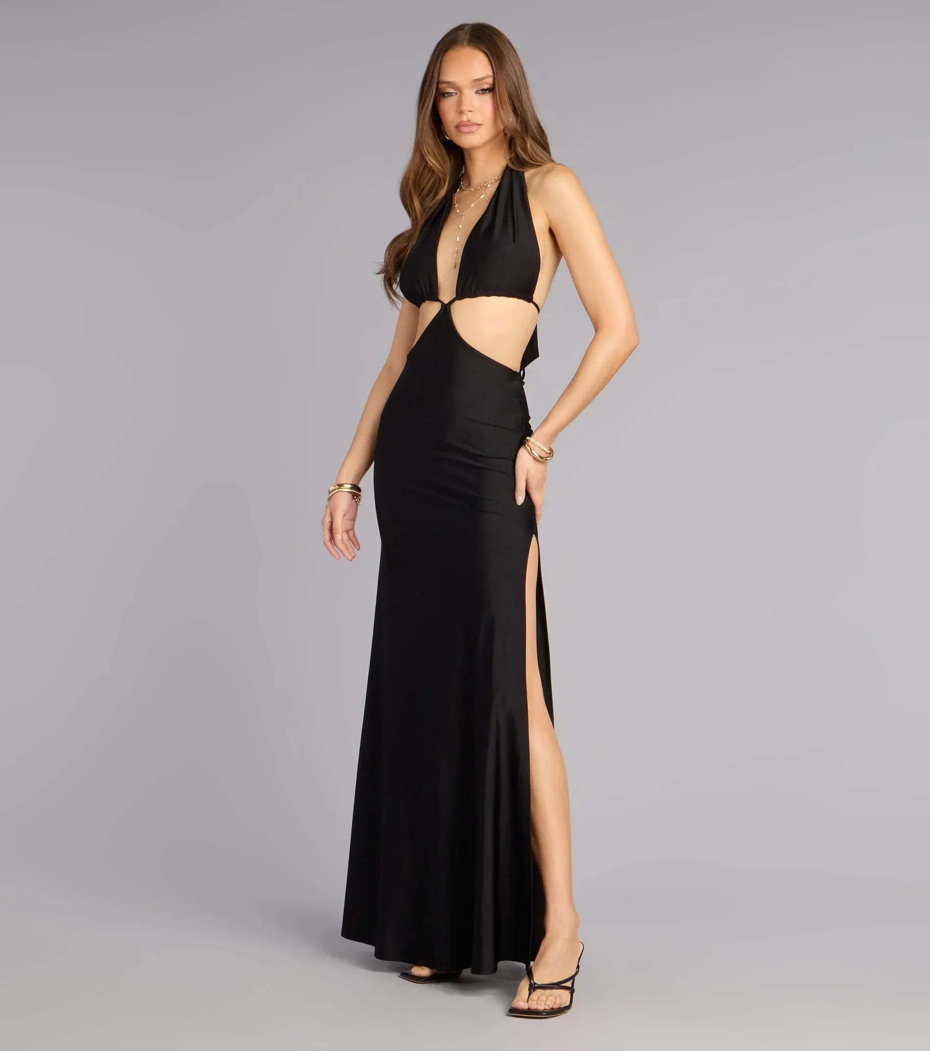 Halter Deep V Midriff Cutout Tie Back High Slit Satin Mermaid Maxi Wedding Guest Dress