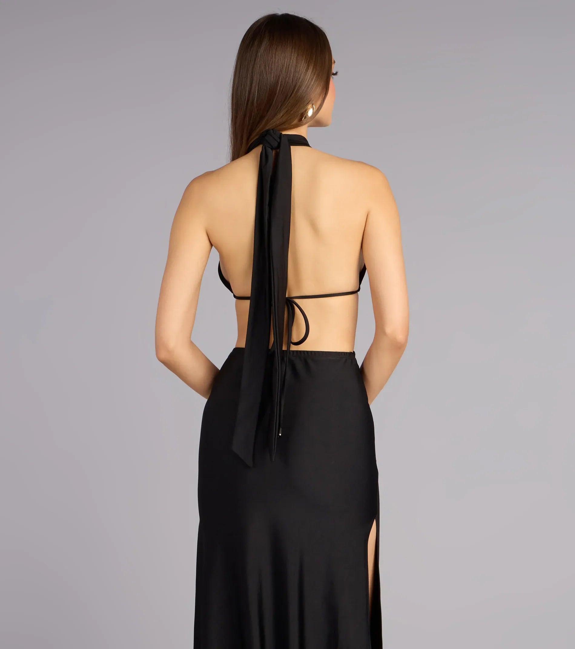 Halter Deep V Midriff Cutout Tie Back High Slit Satin Mermaid Maxi Wedding Guest Dress
