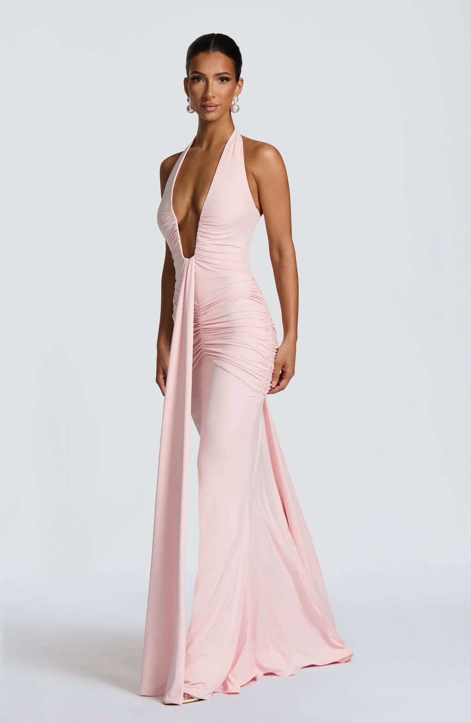 Halter Deep V Neck Side Ruched Front Draped Light Pink Jersey Mermaid Maxi Wedding Guest Dresses