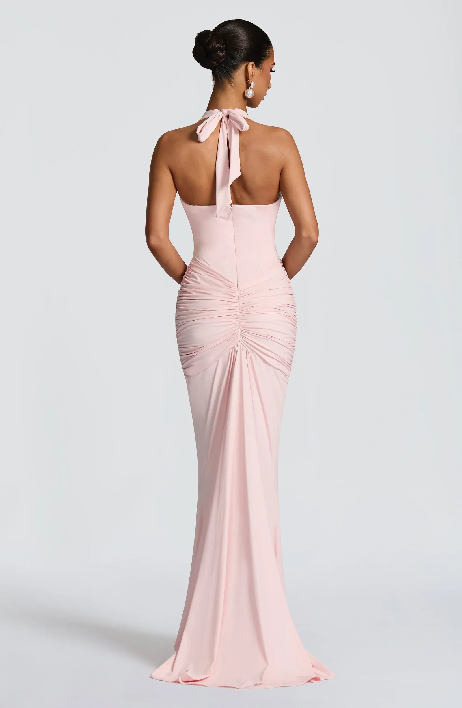 Halter Deep V Neck Side Ruched Front Draped Light Pink Jersey Mermaid Maxi Wedding Guest Dresses