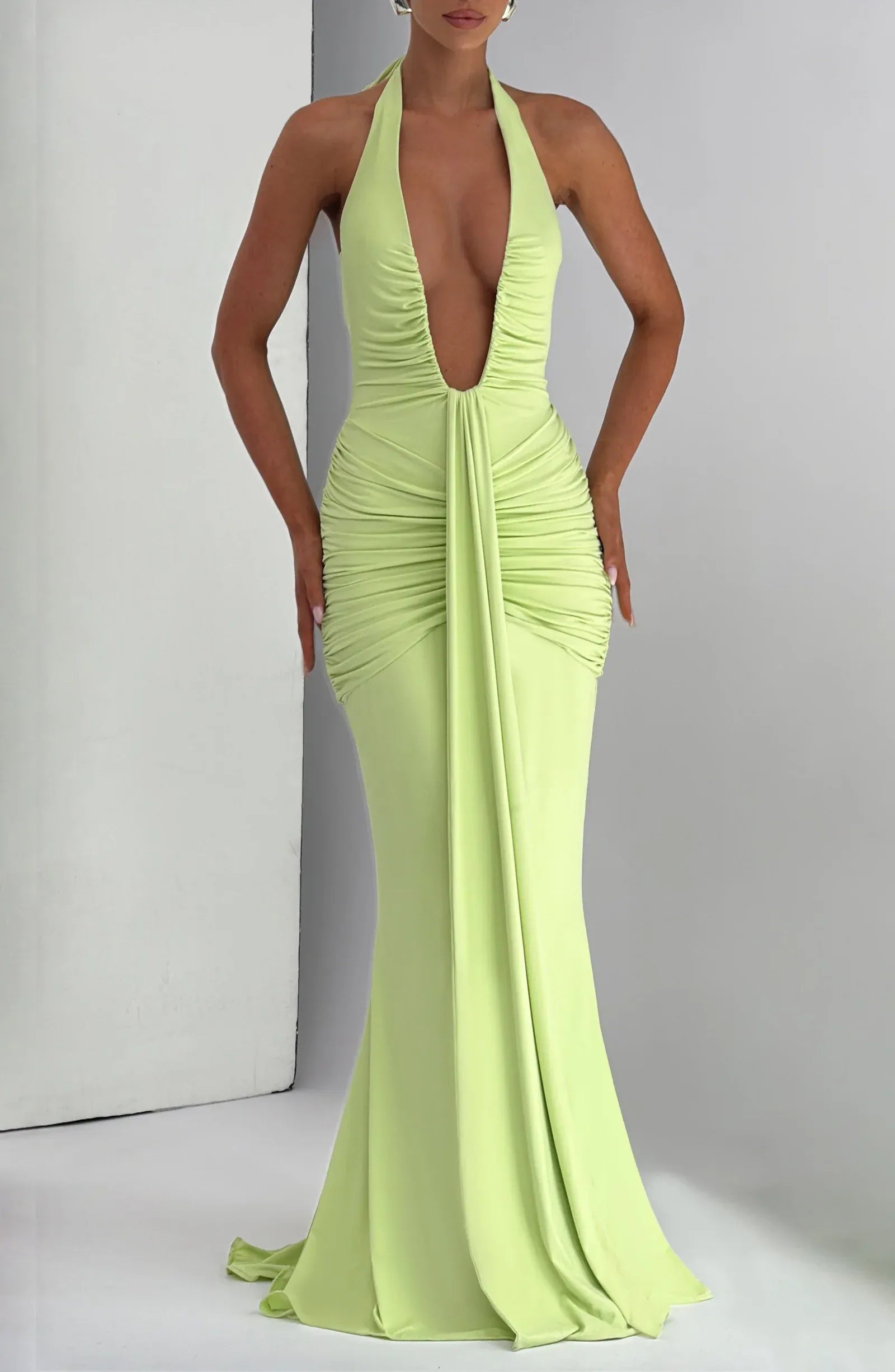 Halter Deep V Neck Side Ruched Front Draped Lime Green Jersey Mermaid Maxi Wedding Guest Dresses