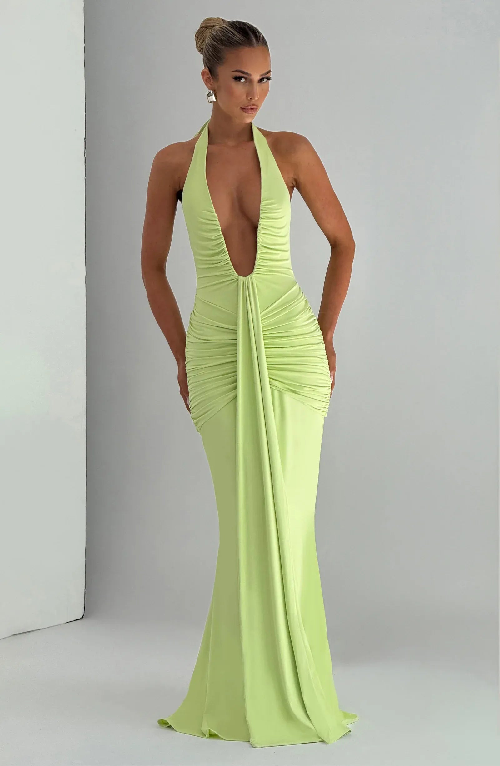 Halter Deep V Neck Side Ruched Front Draped Lime Green Jersey Mermaid Maxi Wedding Guest Dresses
