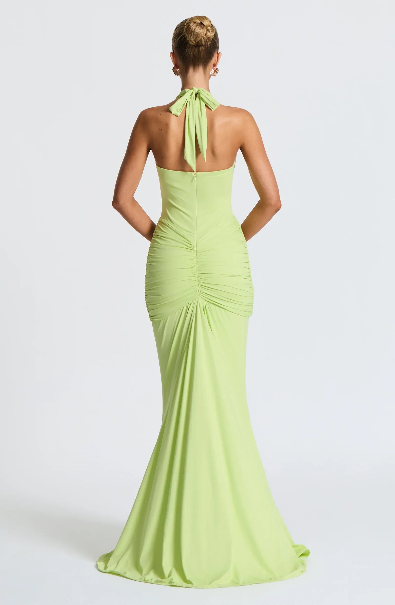 Halter Deep V Neck Side Ruched Front Draped Lime Green Jersey Mermaid Maxi Wedding Guest Dresses