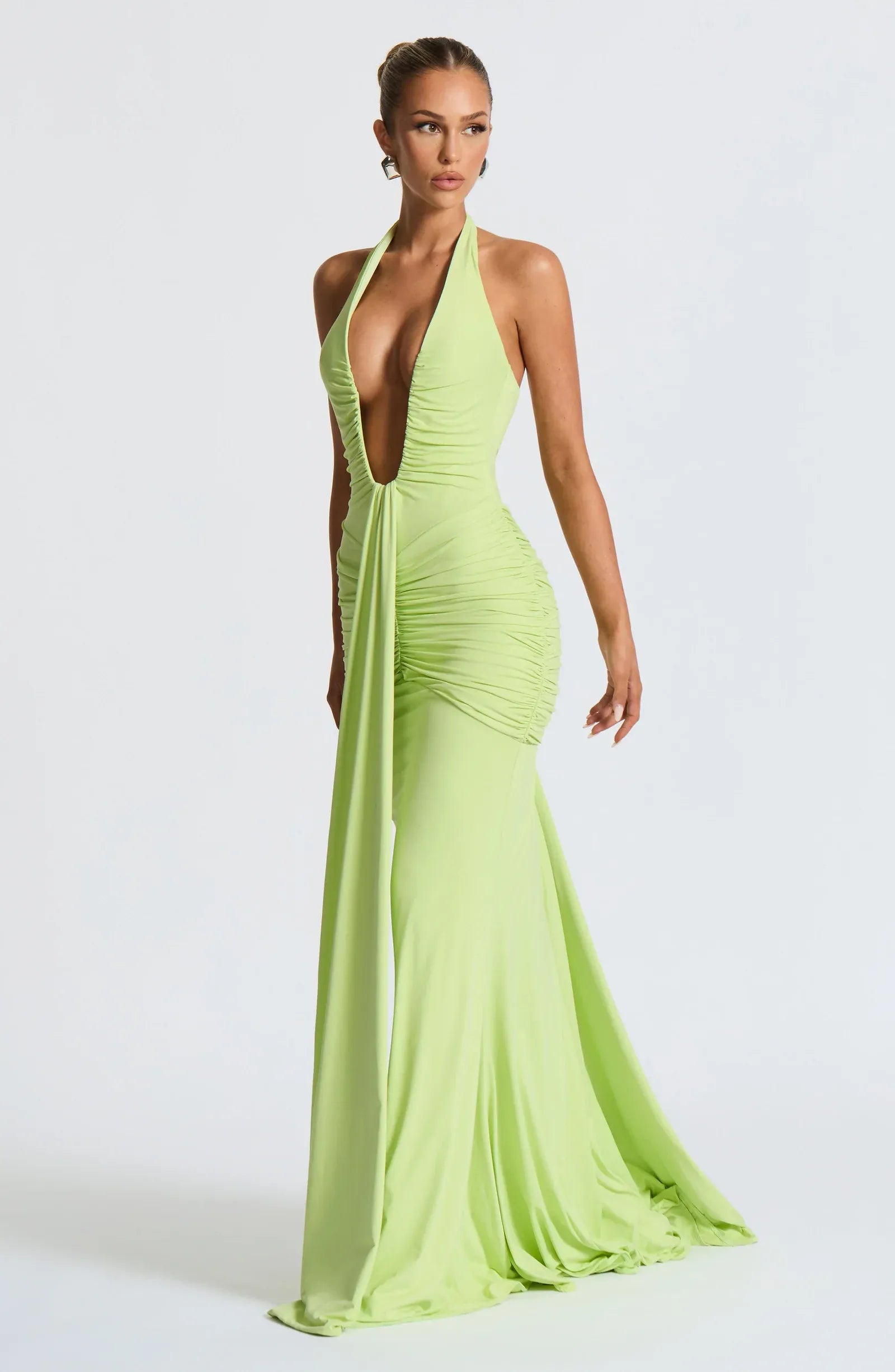 Halter Deep V Neck Side Ruched Front Draped Lime Green Jersey Mermaid Maxi Wedding Guest Dresses