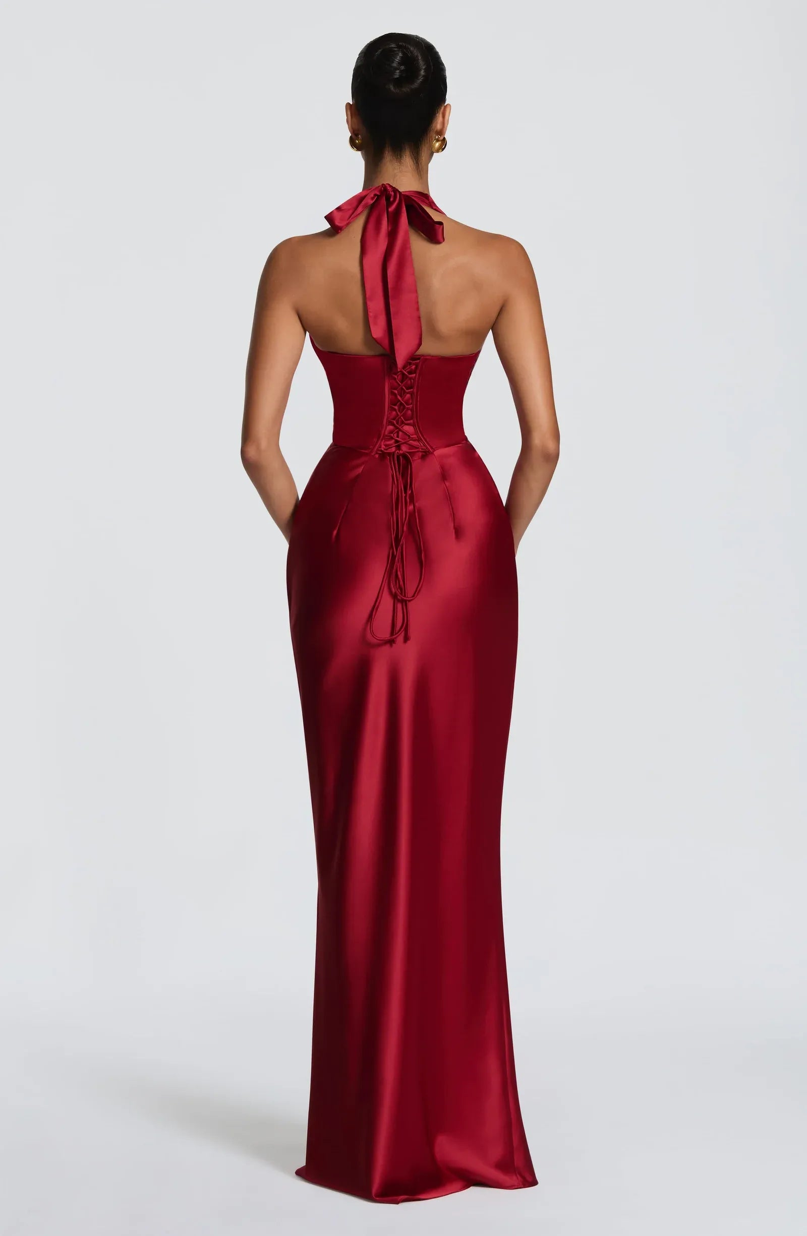 Halter Deep V Pleated Bodice Cross Lace Up Back Burgundy Satin Mermaid Maxi Wedding Guest Dresses