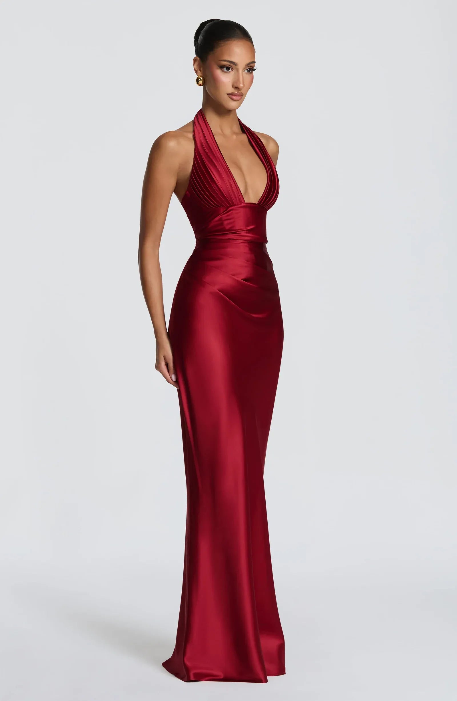 Halter Deep V Pleated Bodice Cross Lace Up Back Burgundy Satin Mermaid Maxi Wedding Guest Dresses