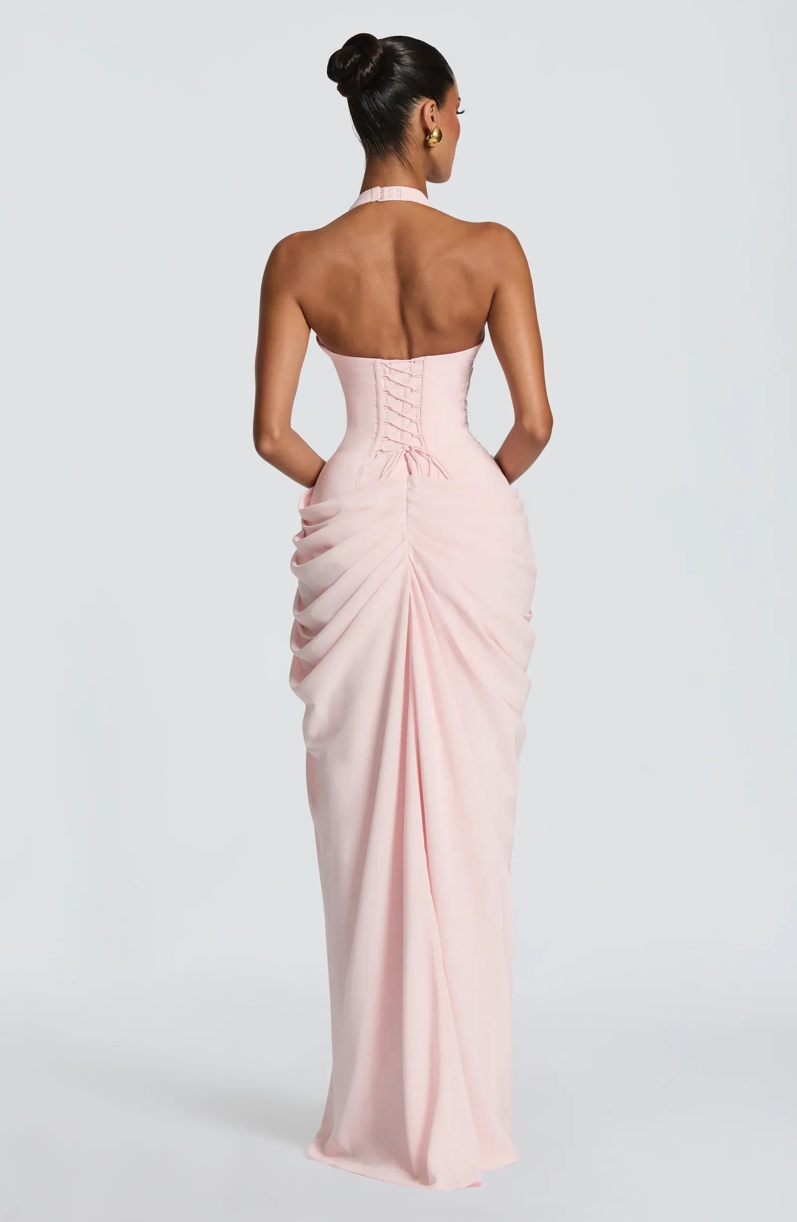 Halter Deep V Pleated Bodice High Slit Draped Waist Criss Cross Back Lace Up Blush Crepe Mermaid Maxi Wedding Guest Dresses
