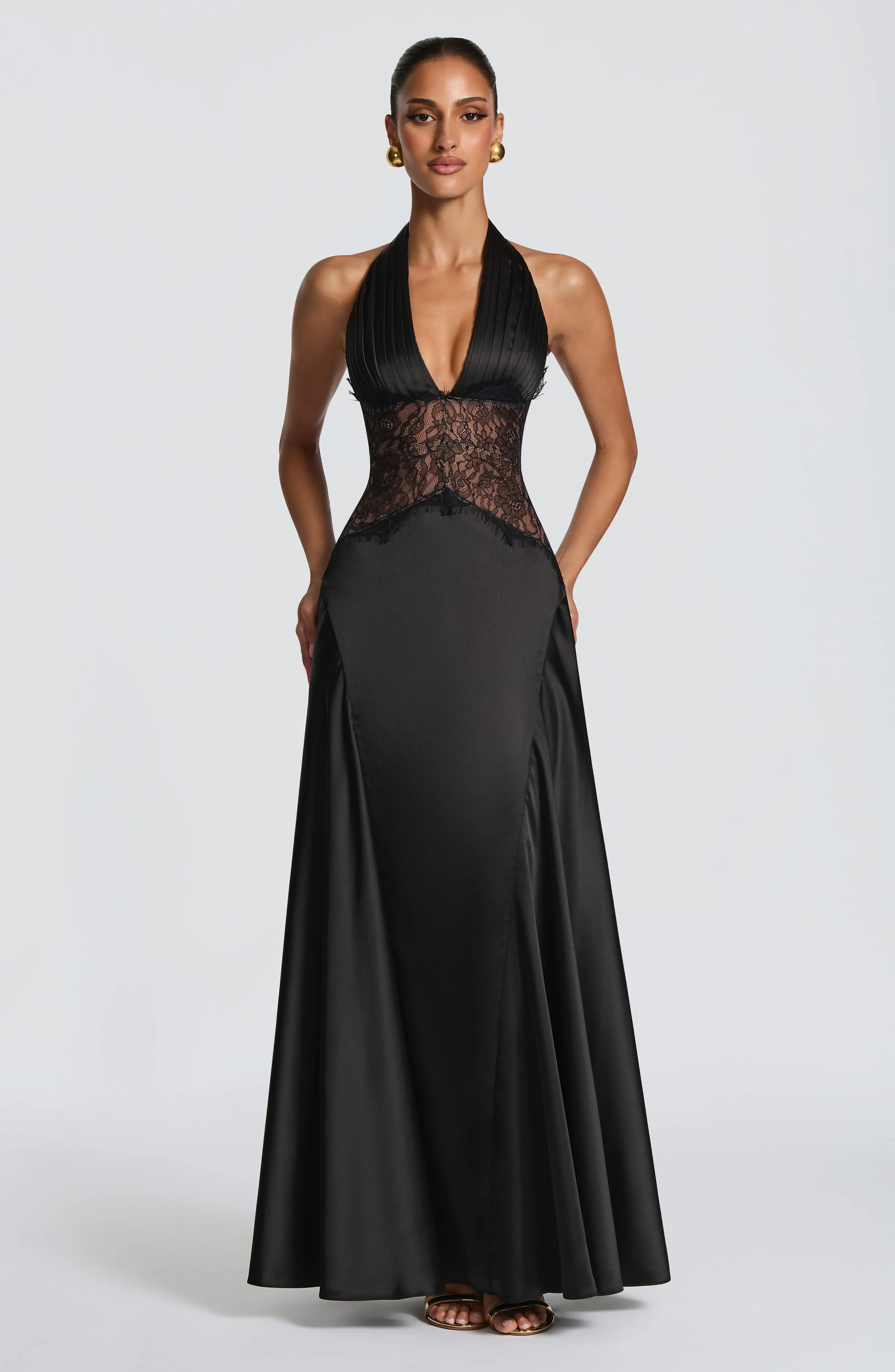 Halter Deep V Pleated Bodice Lace Waist Plain Slit Black Satin A Line Maxi Wedding Guest Dresses