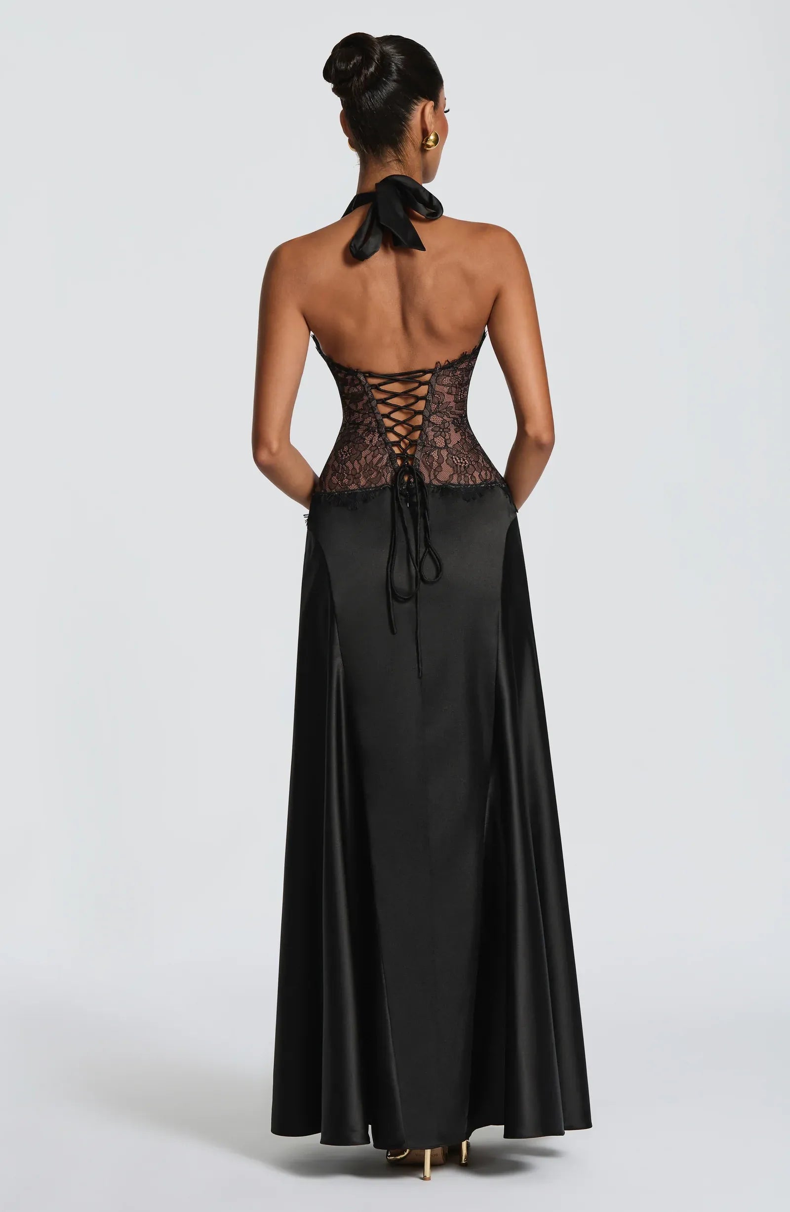 Halter Deep V Pleated Bodice Lace Waist Plain Slit Black Satin A Line Maxi Wedding Guest Dresses