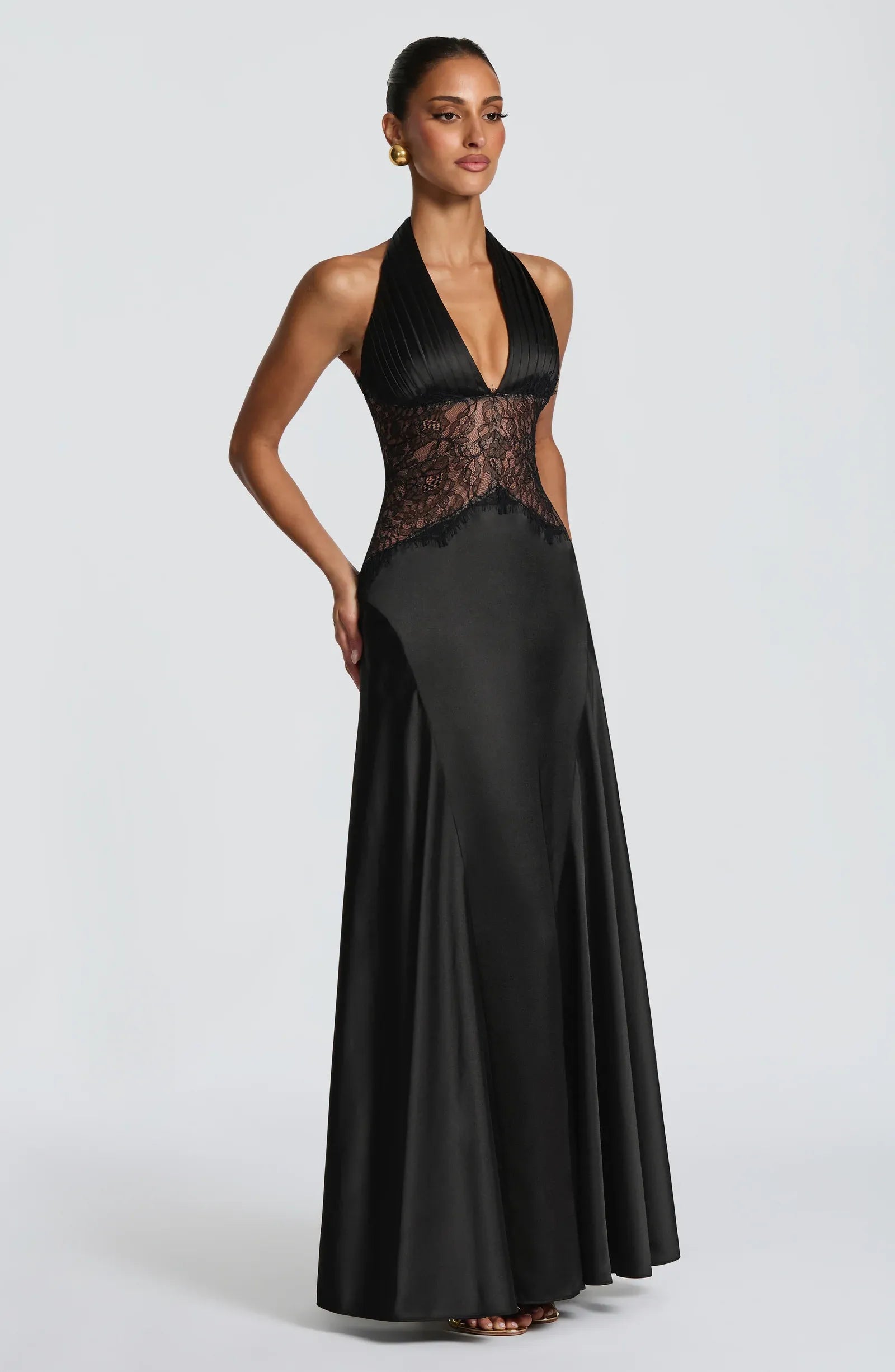 Halter Deep V Pleated Bodice Lace Waist Plain Slit Black Satin A Line Maxi Wedding Guest Dresses