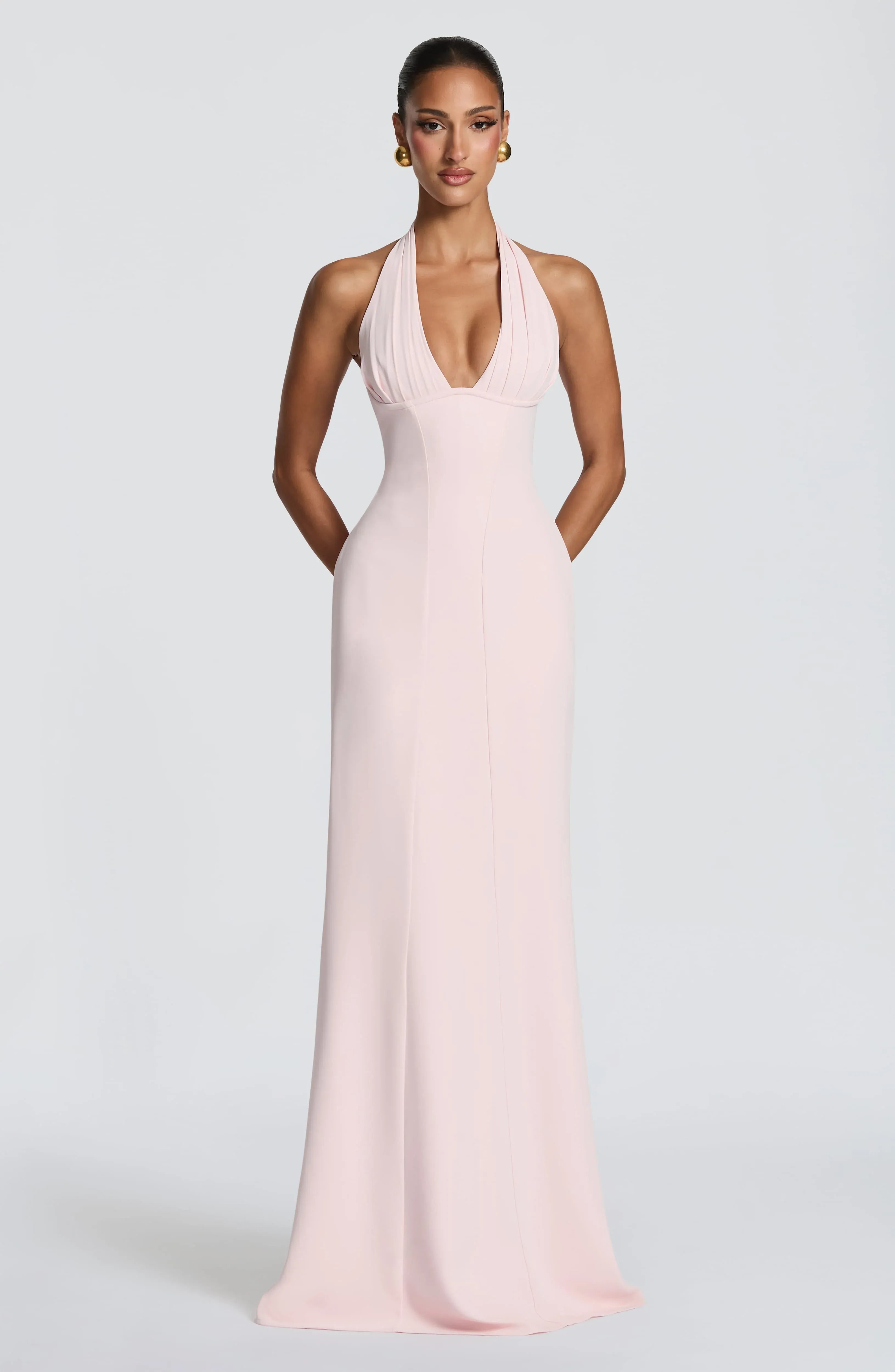 Halter Deep V Pleated Bodice Plain Slit Blush Jersey Mermaid Maxi Wedding Guest Dresses