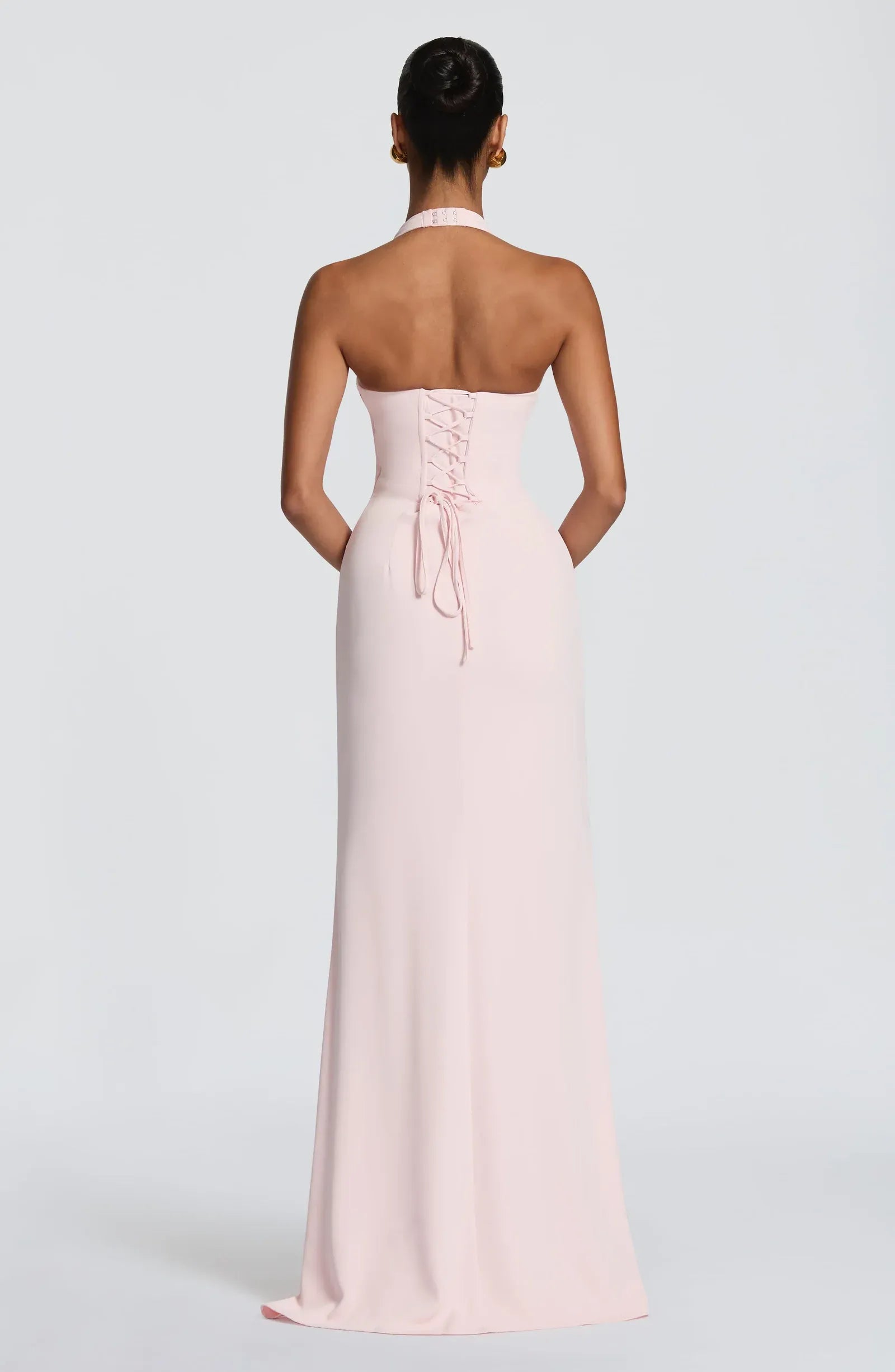 Halter Deep V Pleated Bodice Plain Slit Blush Jersey Mermaid Maxi Wedding Guest Dresses
