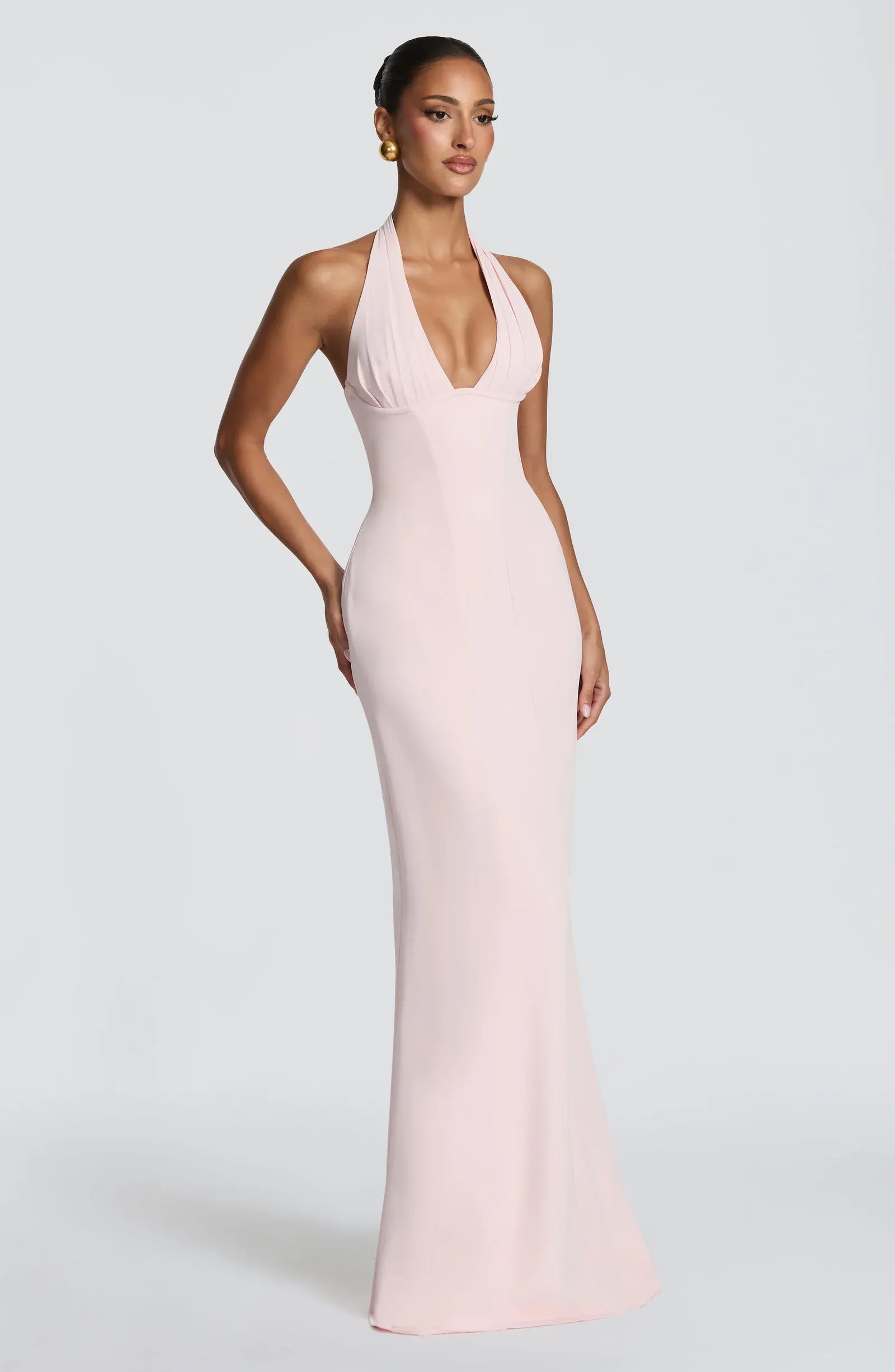 Halter Deep V Pleated Bodice Plain Slit Blush Jersey Mermaid Maxi Wedding Guest Dresses