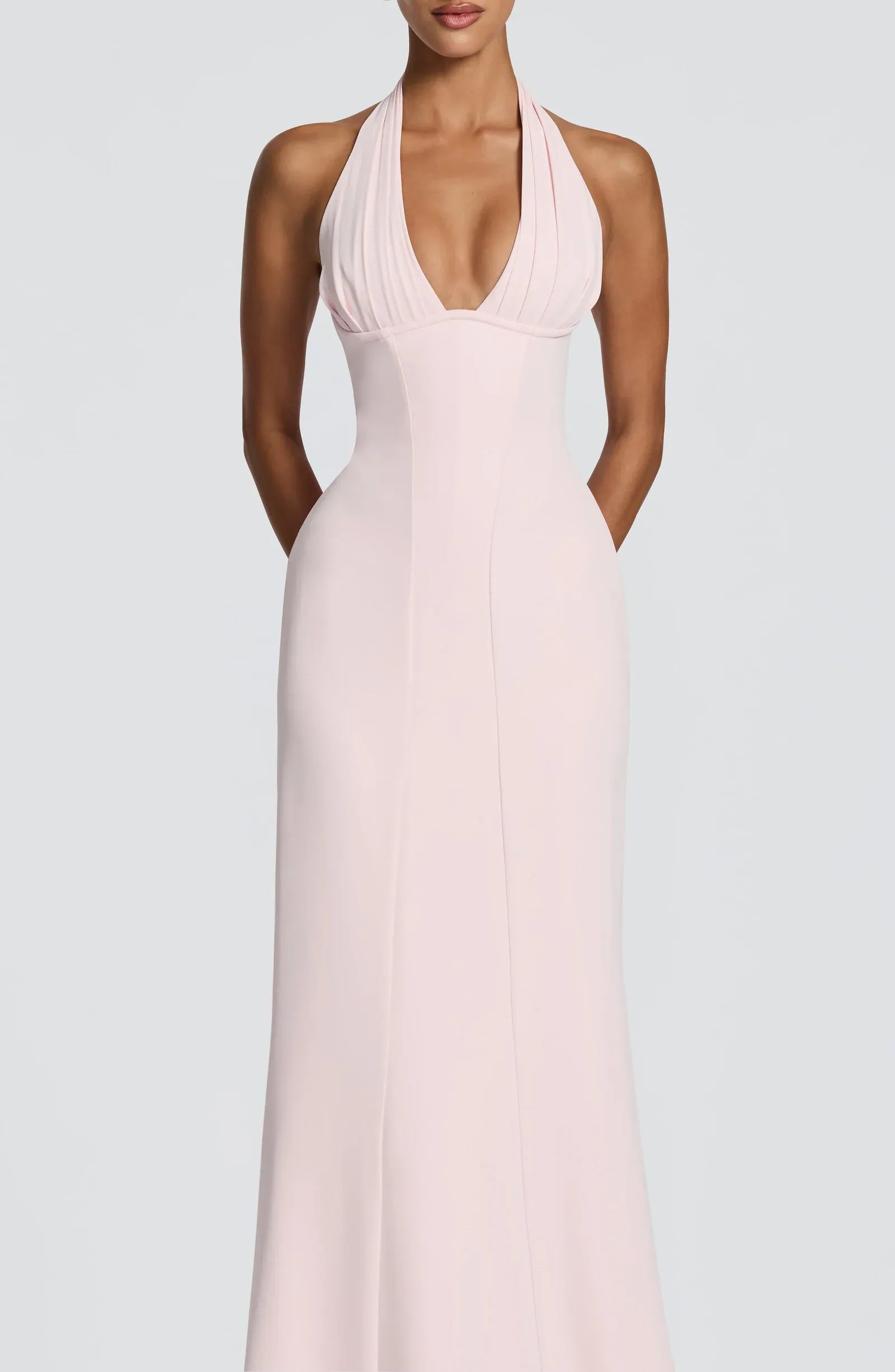 Halter Deep V Pleated Bodice Plain Slit Blush Jersey Mermaid Maxi Wedding Guest Dresses