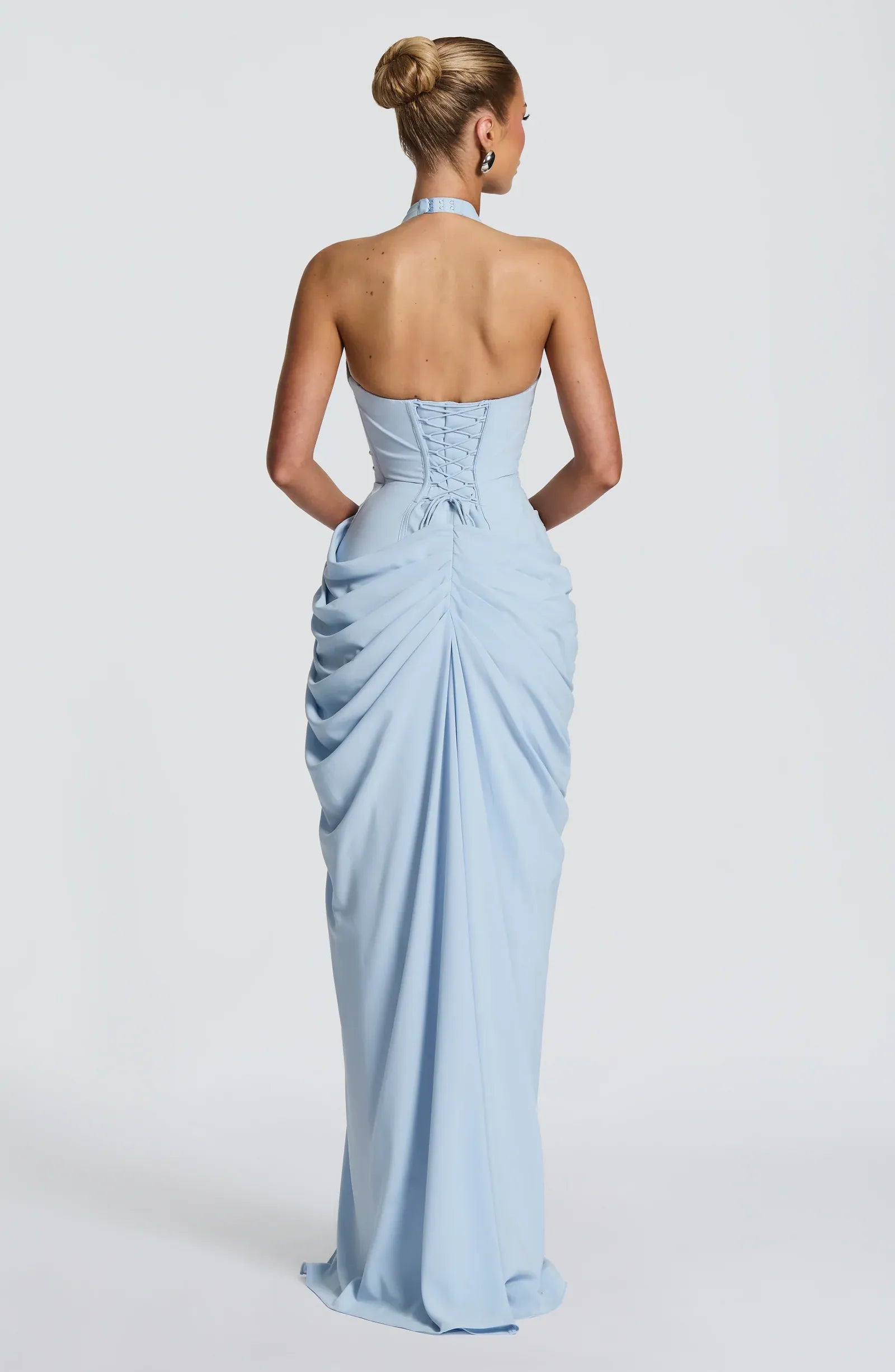 Halter Deep V Pleated Bodice Side Draped High Slit Criss Cross Back Lace Up Sky Blue Jersey Mermaid Maxi Wedding Guest Dresses