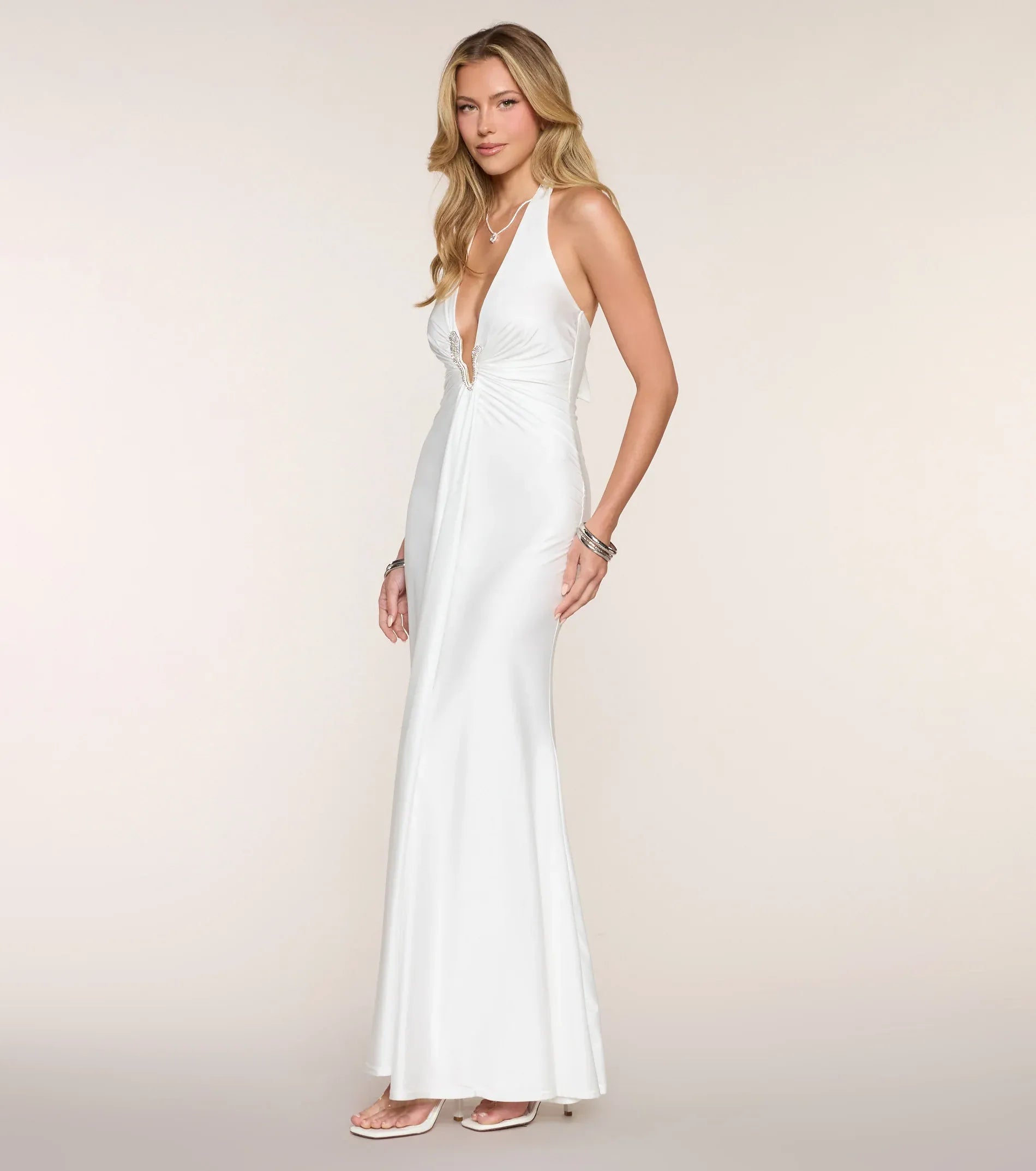 Halter Deep V Rhinestone Notch Ruched Satin Mermaid Maxi Wedding Guest Dress