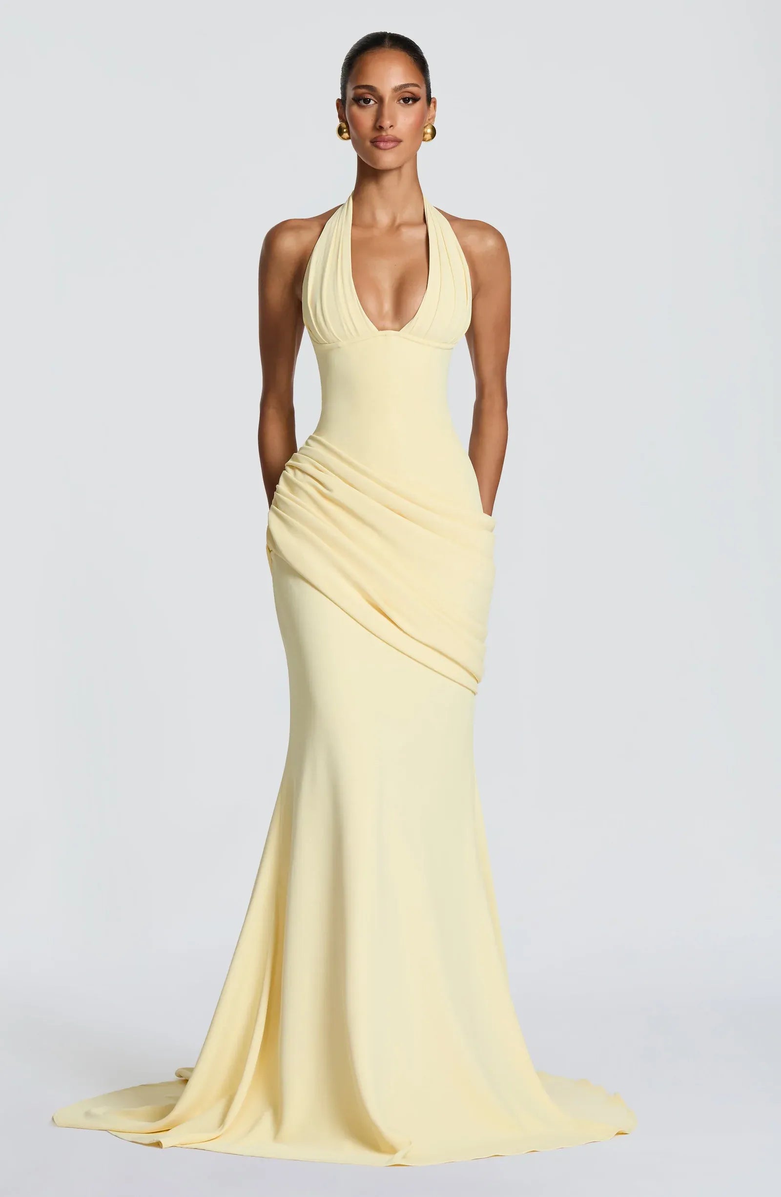 Halter Deep V Ruched Hip Pale Yellow Crepe Mermaid Train Maxi Wedding Guest Dresses
