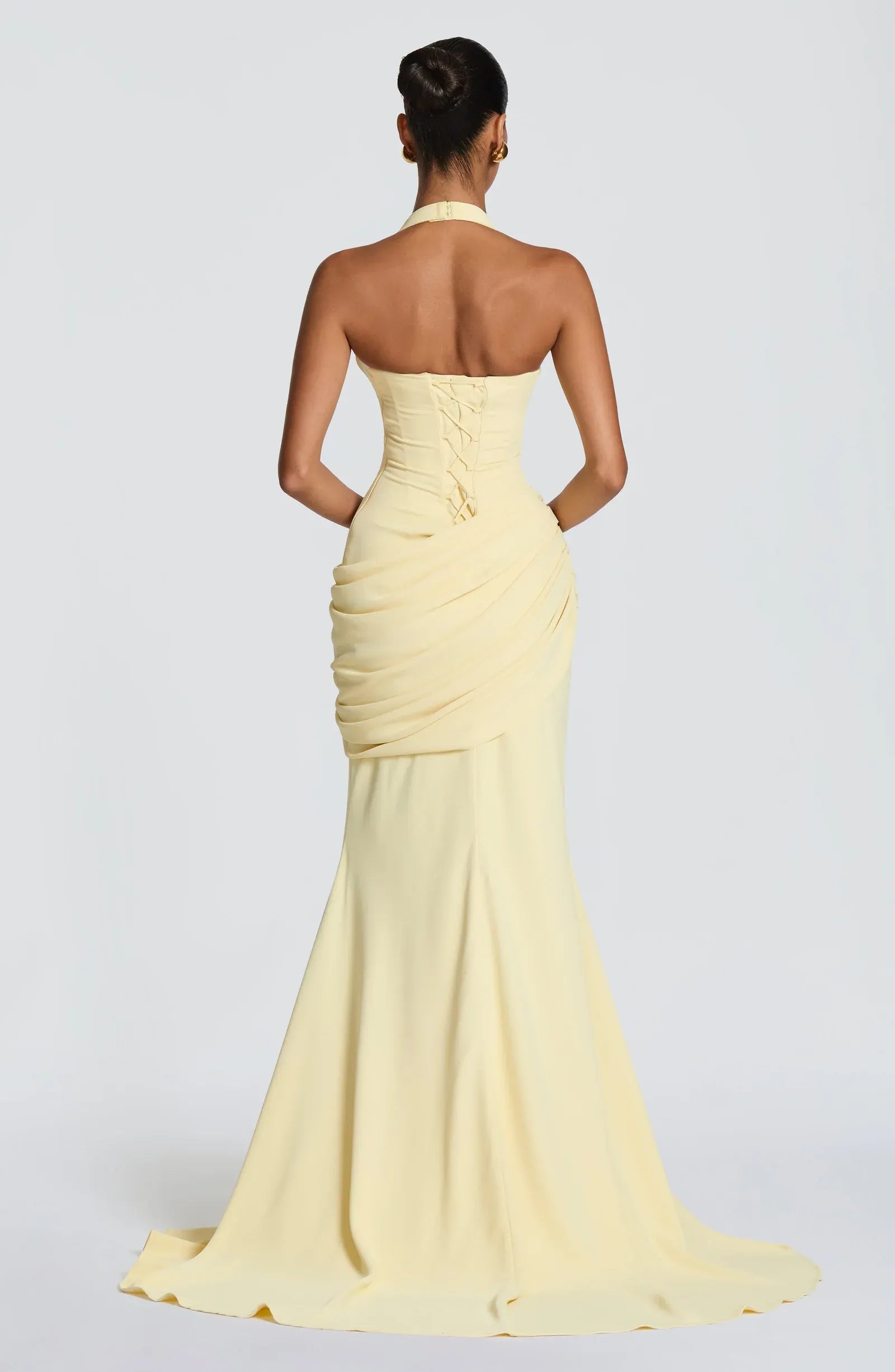 Halter Deep V Ruched Hip Pale Yellow Crepe Mermaid Train Maxi Wedding Guest Dresses