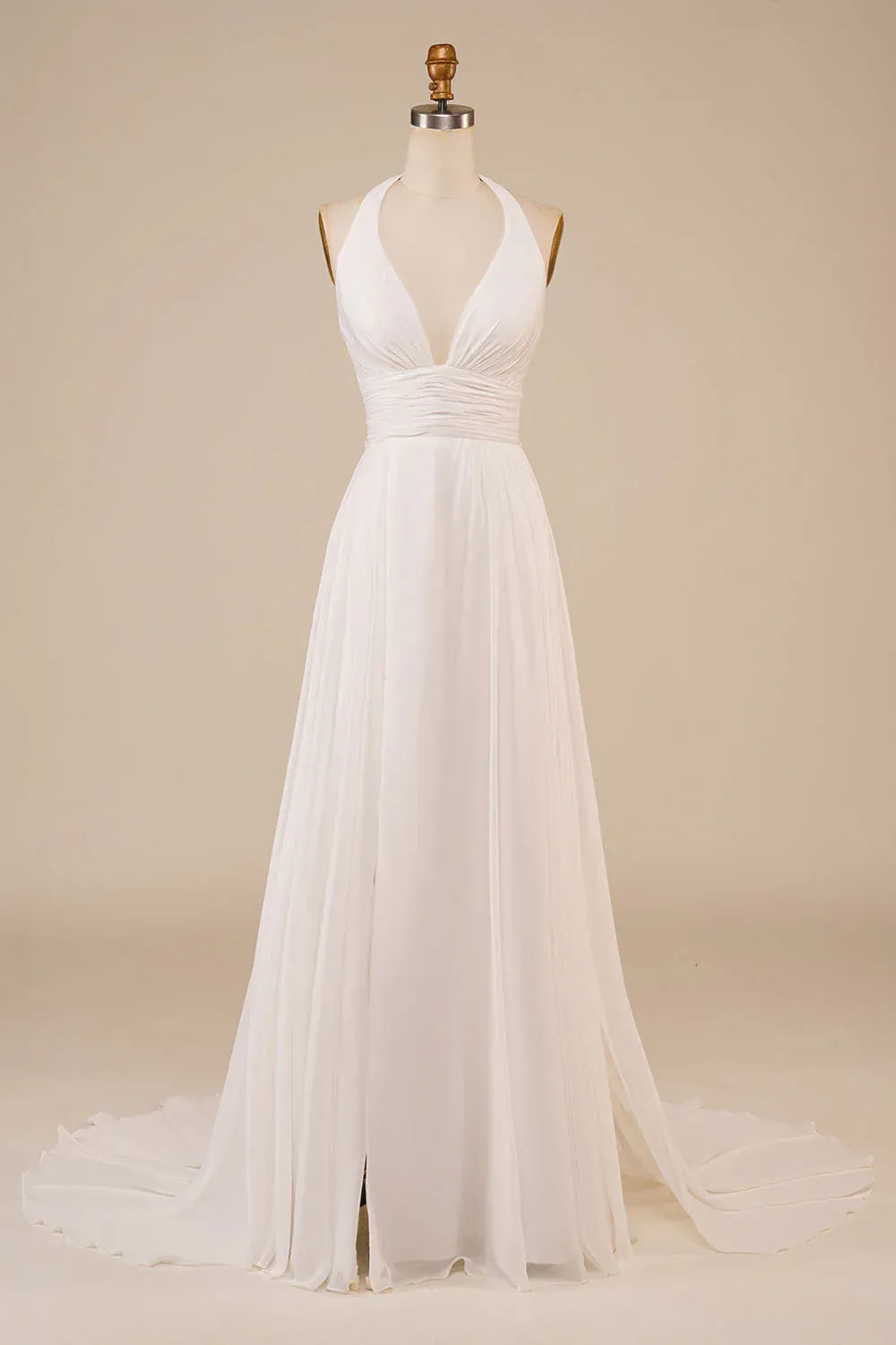Halter Deep V Ruched Waist Chiffon A-Line Wedding Dress With Open Back Front Slit Train