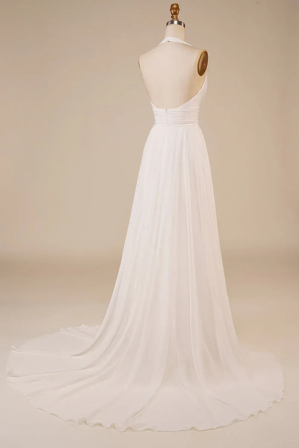Halter Deep V Ruched Waist Chiffon A-Line Wedding Dress With Open Back Front Slit Train