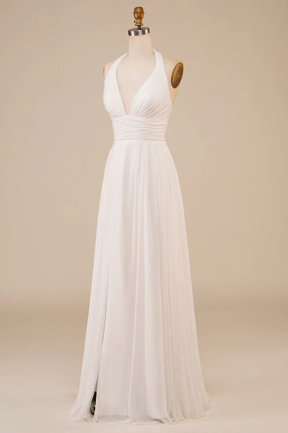 Halter Deep V Ruched Waist Chiffon A-Line Wedding Dress With Open Back Front Slit Train